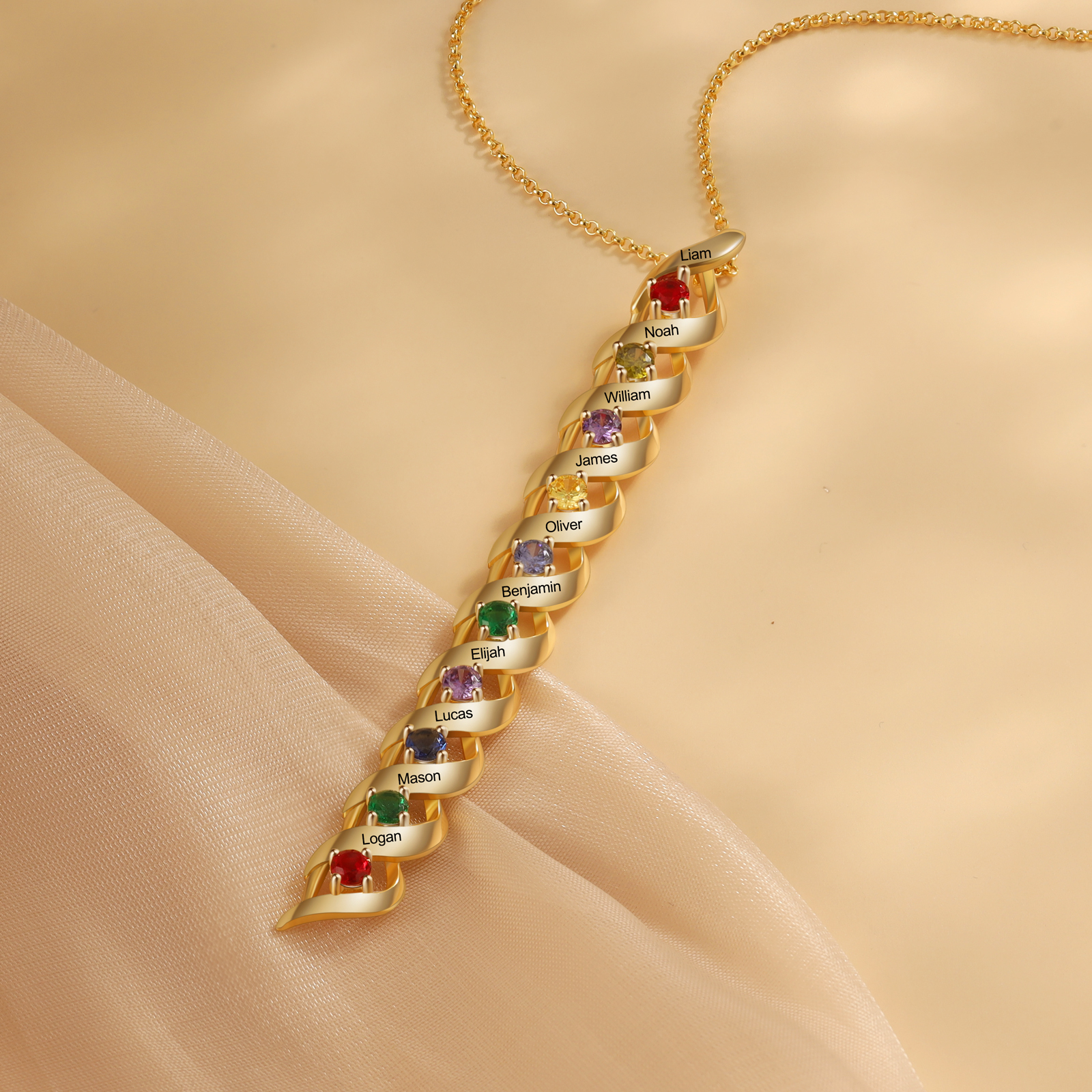 Collier Femme 10 Prénoms Personnalisés avec 10 Pierres de naissance