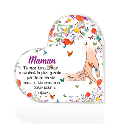 À ma Maman - Plaque Acrylique en Forme de Cœur 1 Prénom Personnalisé la Mian dans la Main