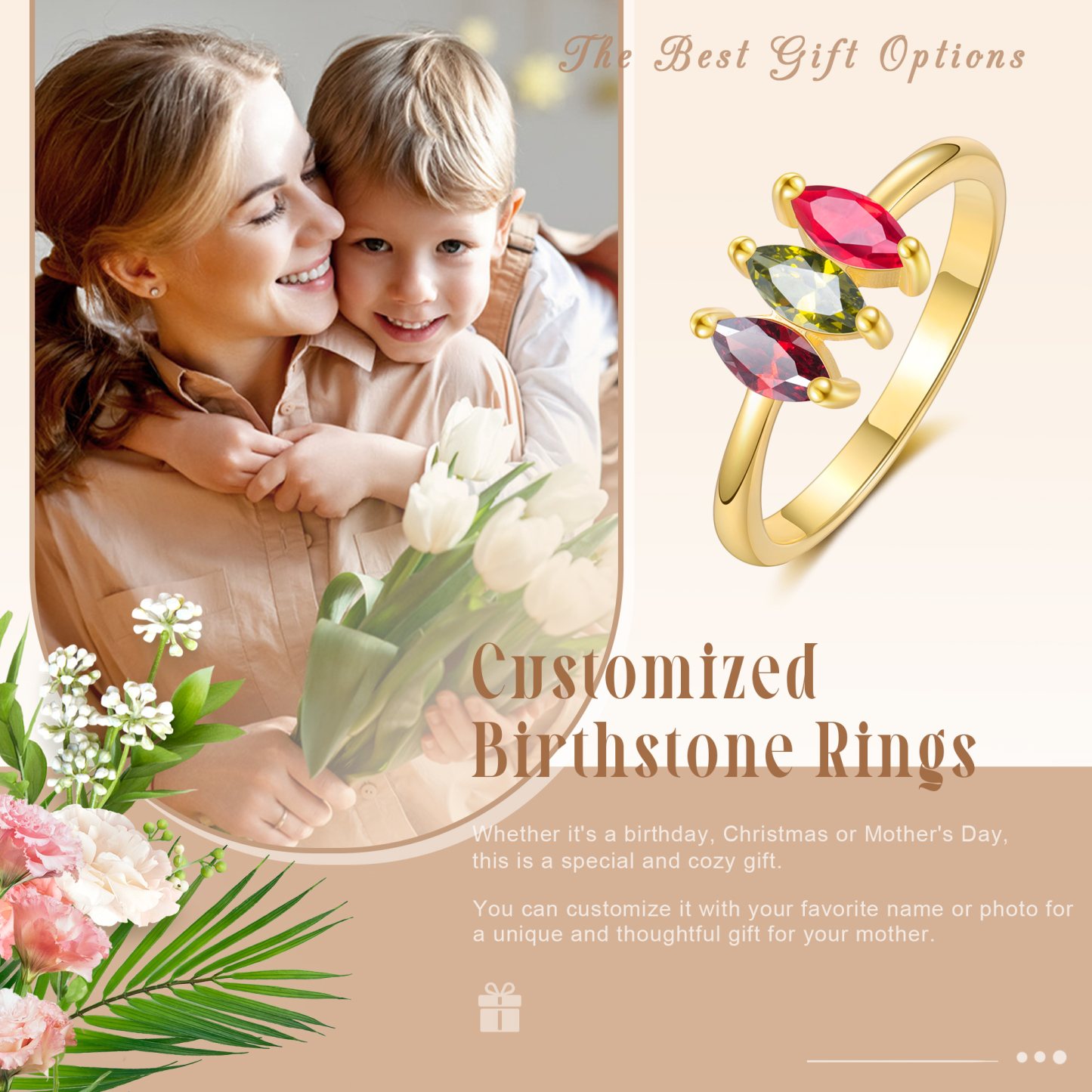 Bague Femmes 3 Pierres de Naissance Personnalisés