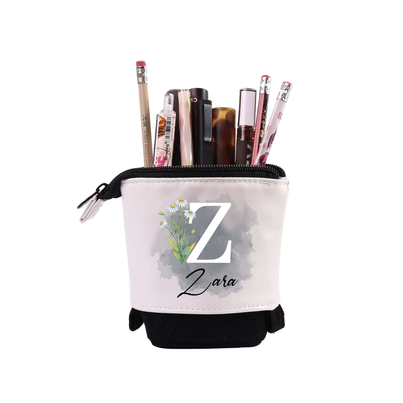 Trousse scolaire Étui à Crayons Prénom et Lettre Personnalisé avec Fleur de Naissance Pochette à Crayons Sac à Crayons