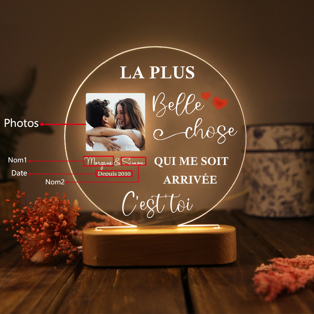 Lampe de chevet Couple LED Lumières 2 Prénoms et 1 Photo Personnalisés avec Date