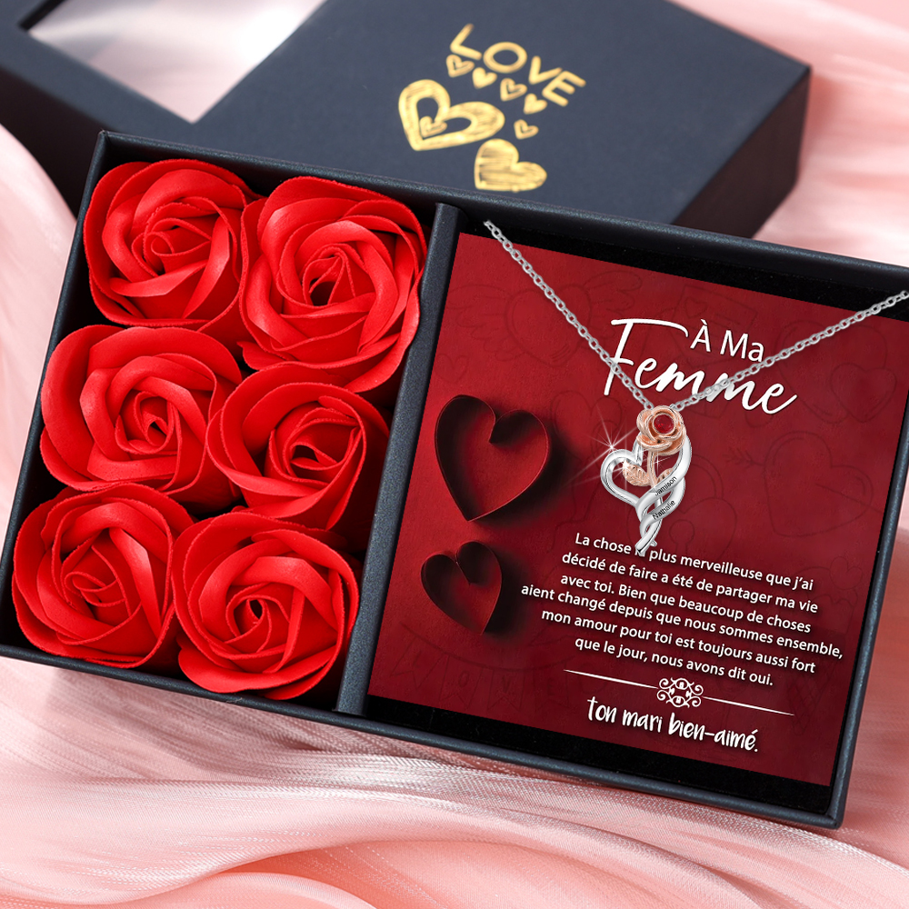 Jessemade FR À Ma Femme - Collier Cœur Rose 2 Prénoms Personnalisés avec 1 Pierre de Naissance