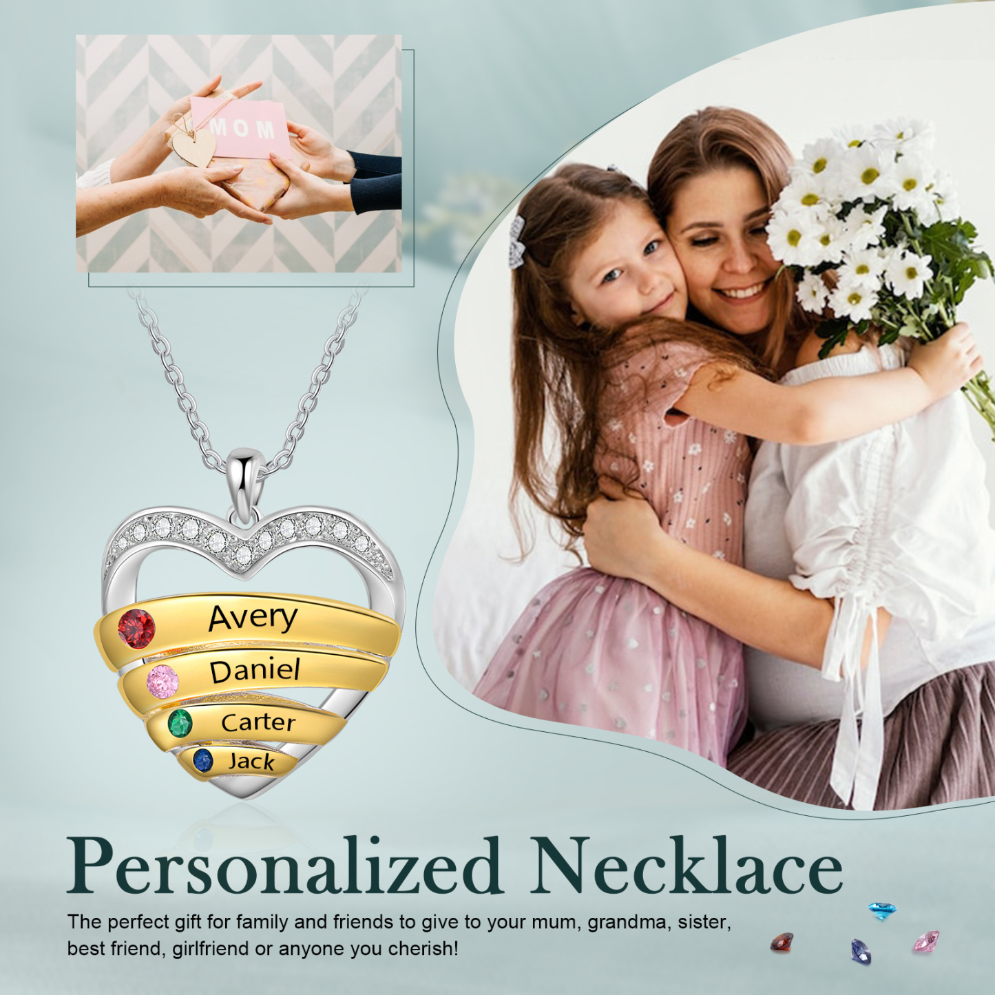 Collier Pendentif Cœur 4 Prénoms Personnalisés avec Pierre de Naissance Collier Femmes