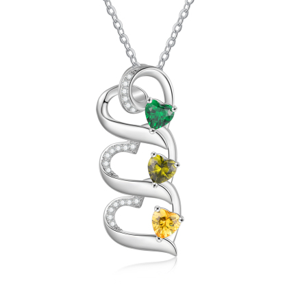 Collier Pendentif Cœur 3 Prénoms Personnalisés avec Pierre de naissance pour Femmes