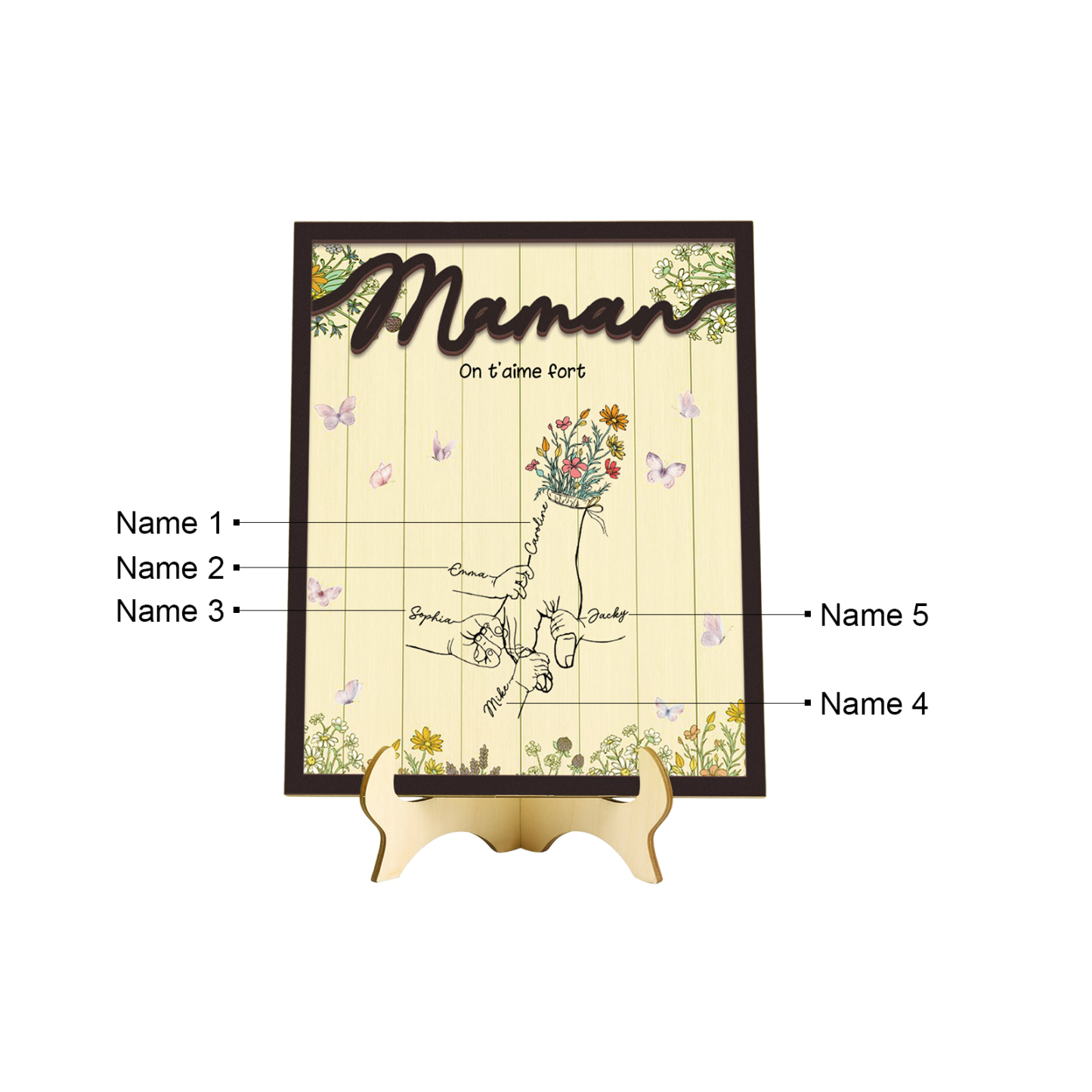 À Maman - Décoration en bois la Main dans la Main 5 Prénoms Personnalisés Ornement Famille