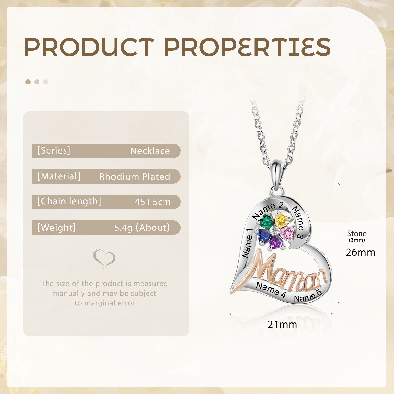 À Ma Maman-Collier Personnalisé Cœur avec 5 Prénoms et 5 Pierres de Naissance|Jessemade