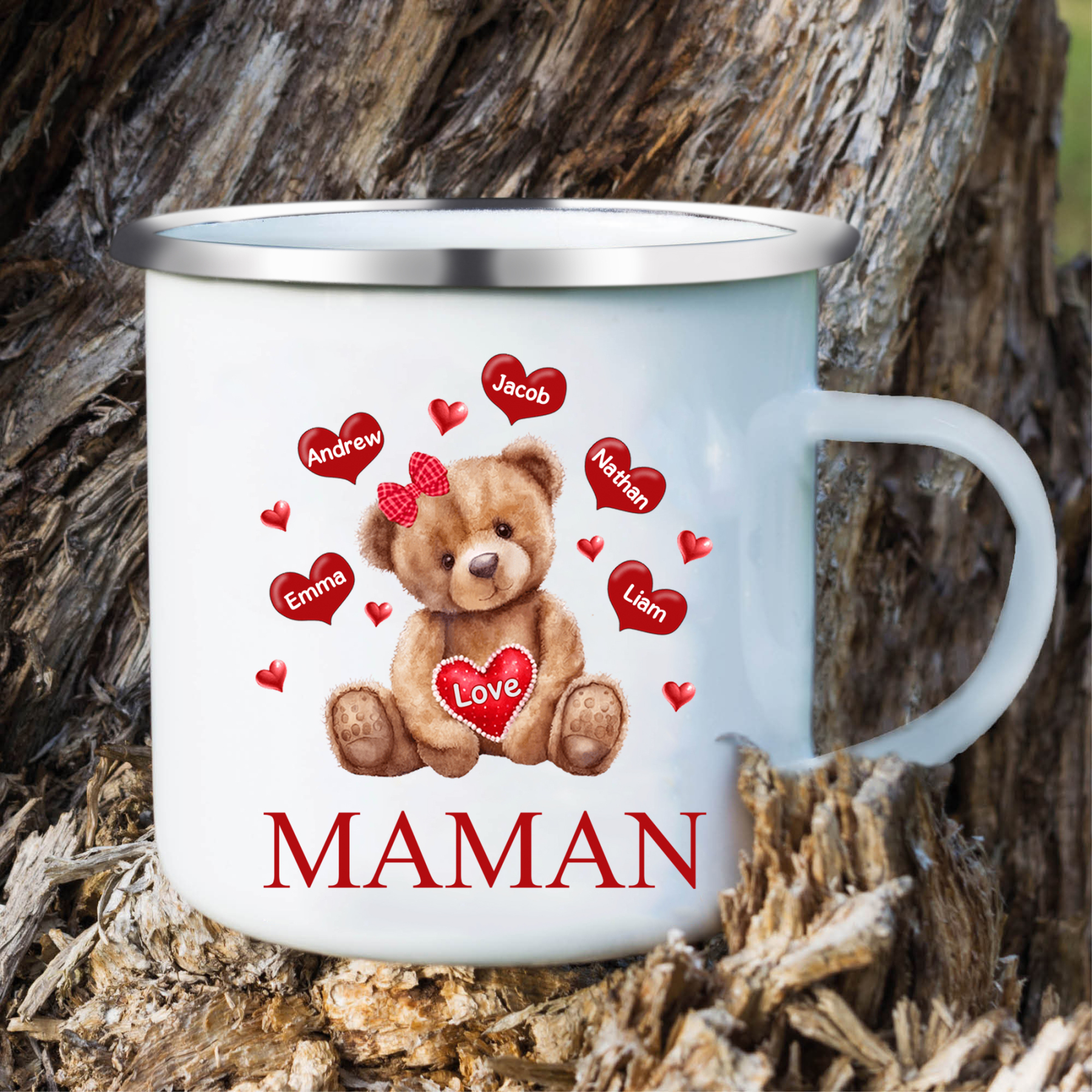 À Maman/Mamie - Tasse émaillée Ours 5 Prénoms Personnalisés