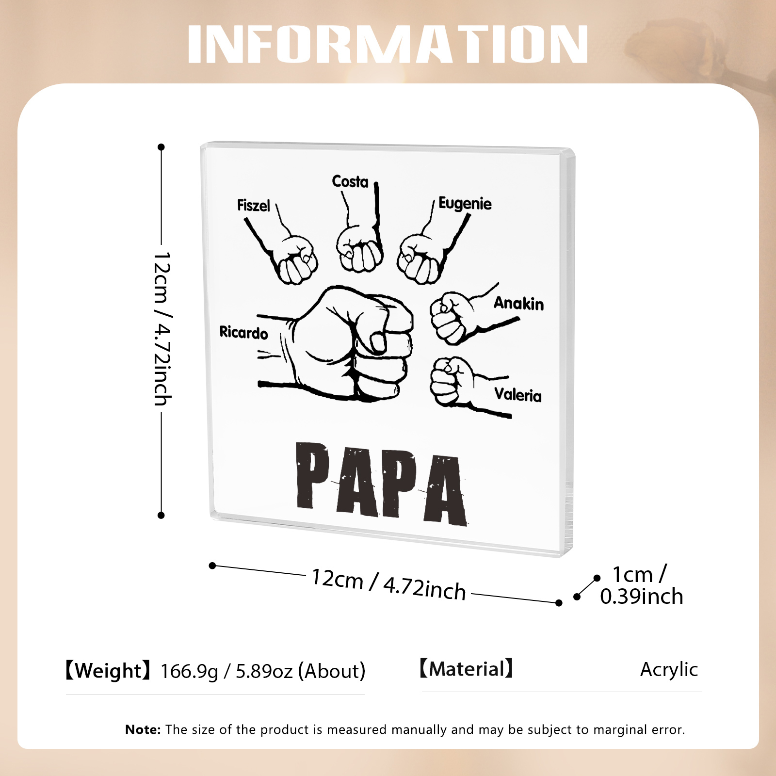 À mon Papa - Plaque Acrylique Carrée Poings 6 Prénoms Personnalisés