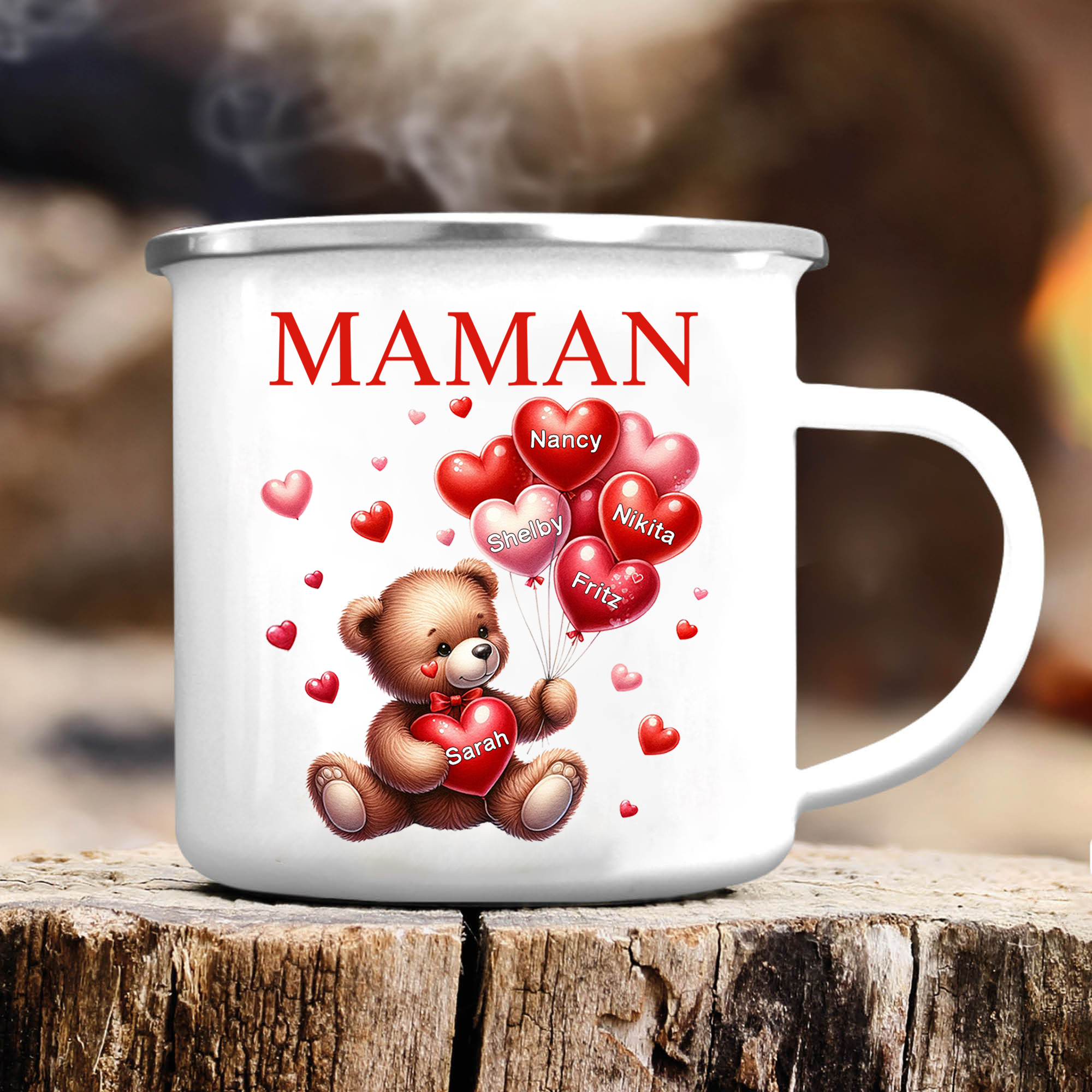 À Maman/Mamie - Tasse émaillée Ours 5 Prénoms Personnalisés