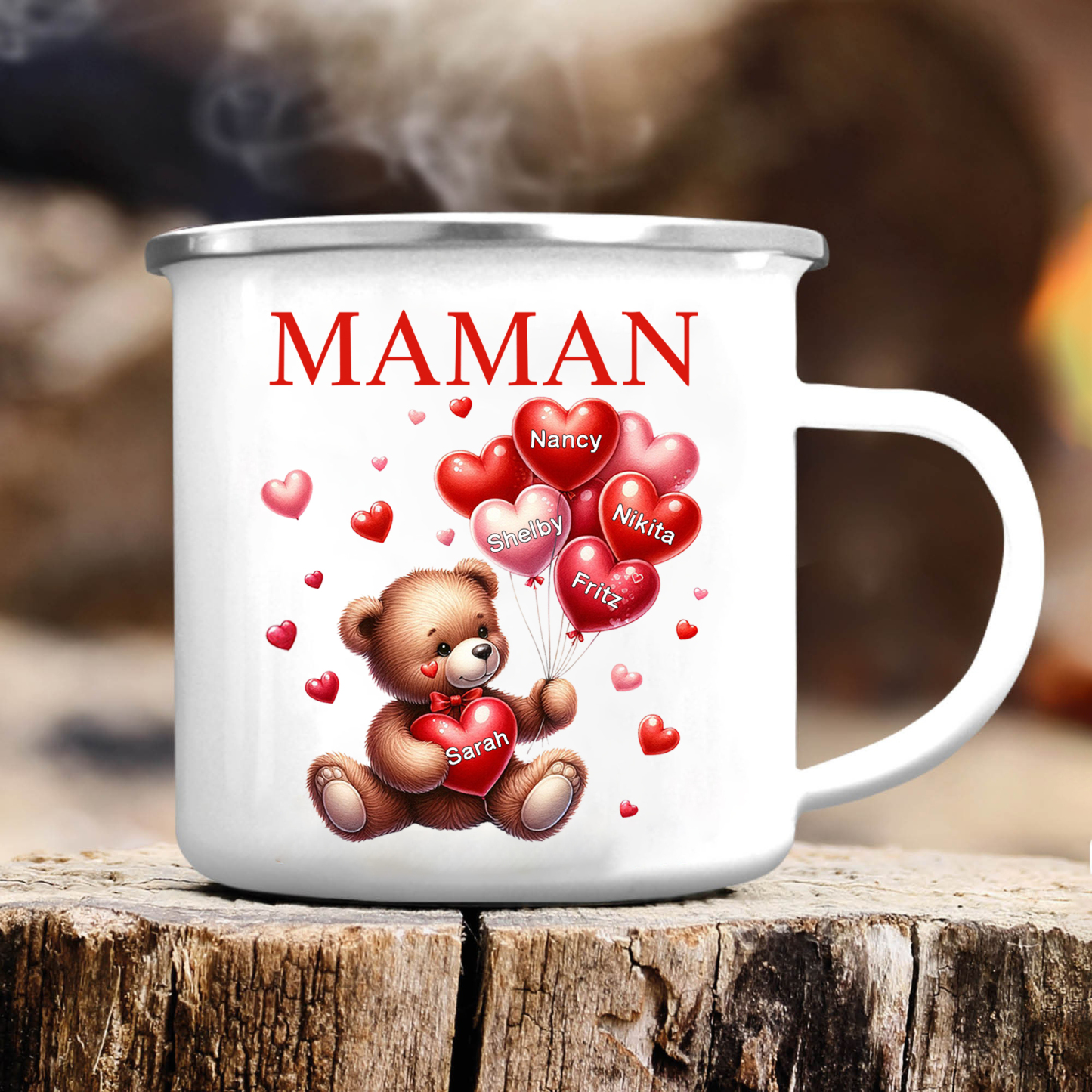 À Maman/Mamie - Tasse émaillée Ours 5 Prénoms Personnalisés