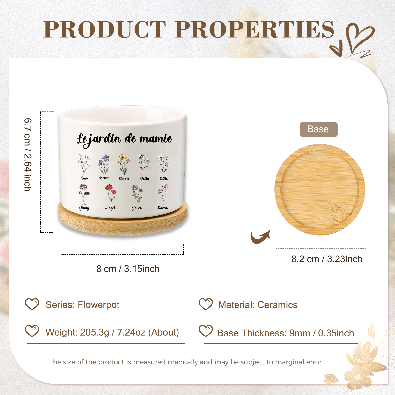 Vase/Pot de Fleurs 9 Prénoms et 1 Texte Personnalisés avec Fleurs de Naissance Décoration de la Maison (sans plantes)