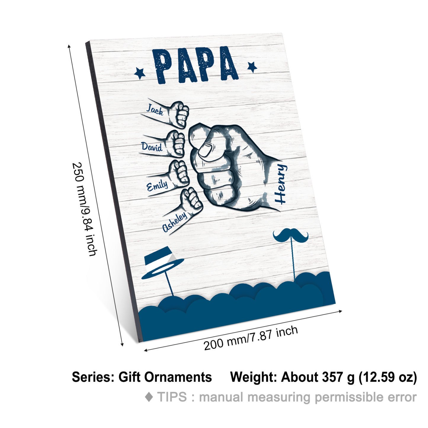 À Mon Papa/Papi-Cadre en Bois Poings 5 Prénoms Personnalisés avec Texte