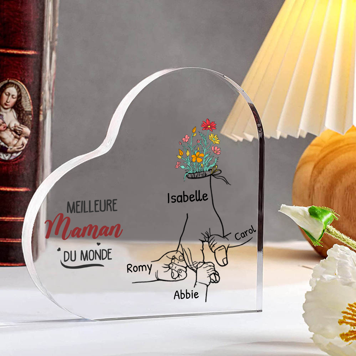 À ma Maman - Plaque Acrylique en Forme de Cœur 2-7 Prénoms Personnalisés Décoration la main dans la main