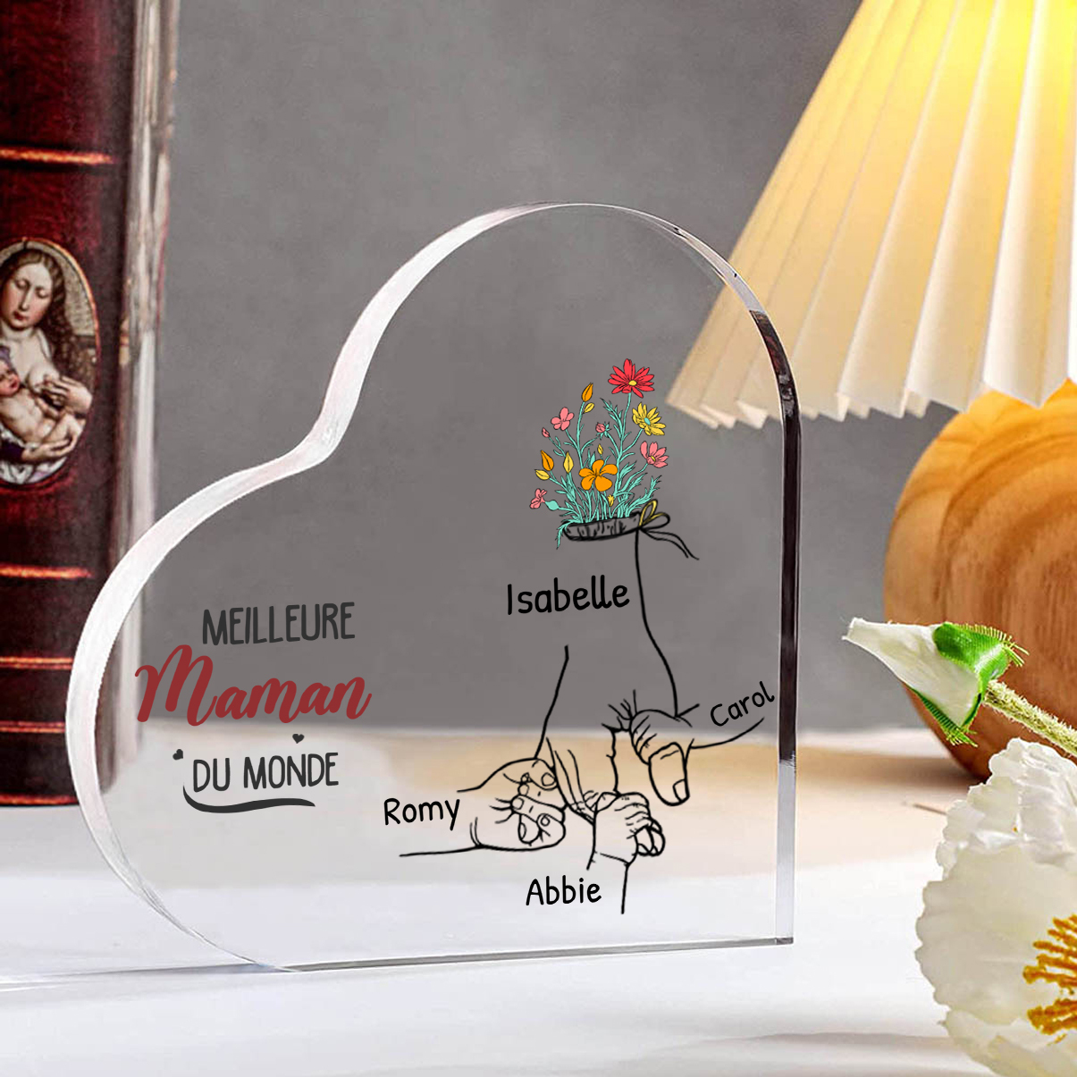 À ma Maman - Plaque Acrylique en Forme de Cœur 2-7 Prénoms Personnalisés Décoration la main dans la main