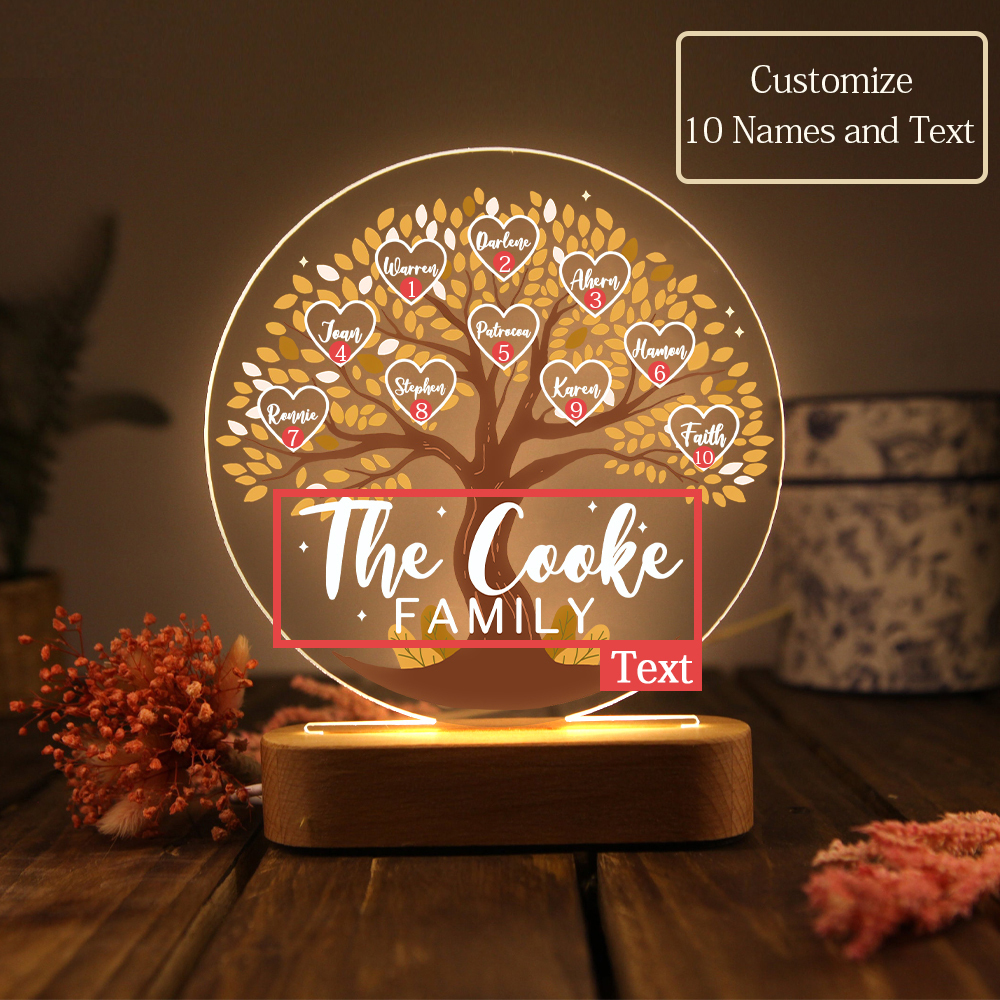Lampe de chevet Arbre de Vie LED Lumières 10 Prénoms et 1 Texte Personnalisés pour Famille