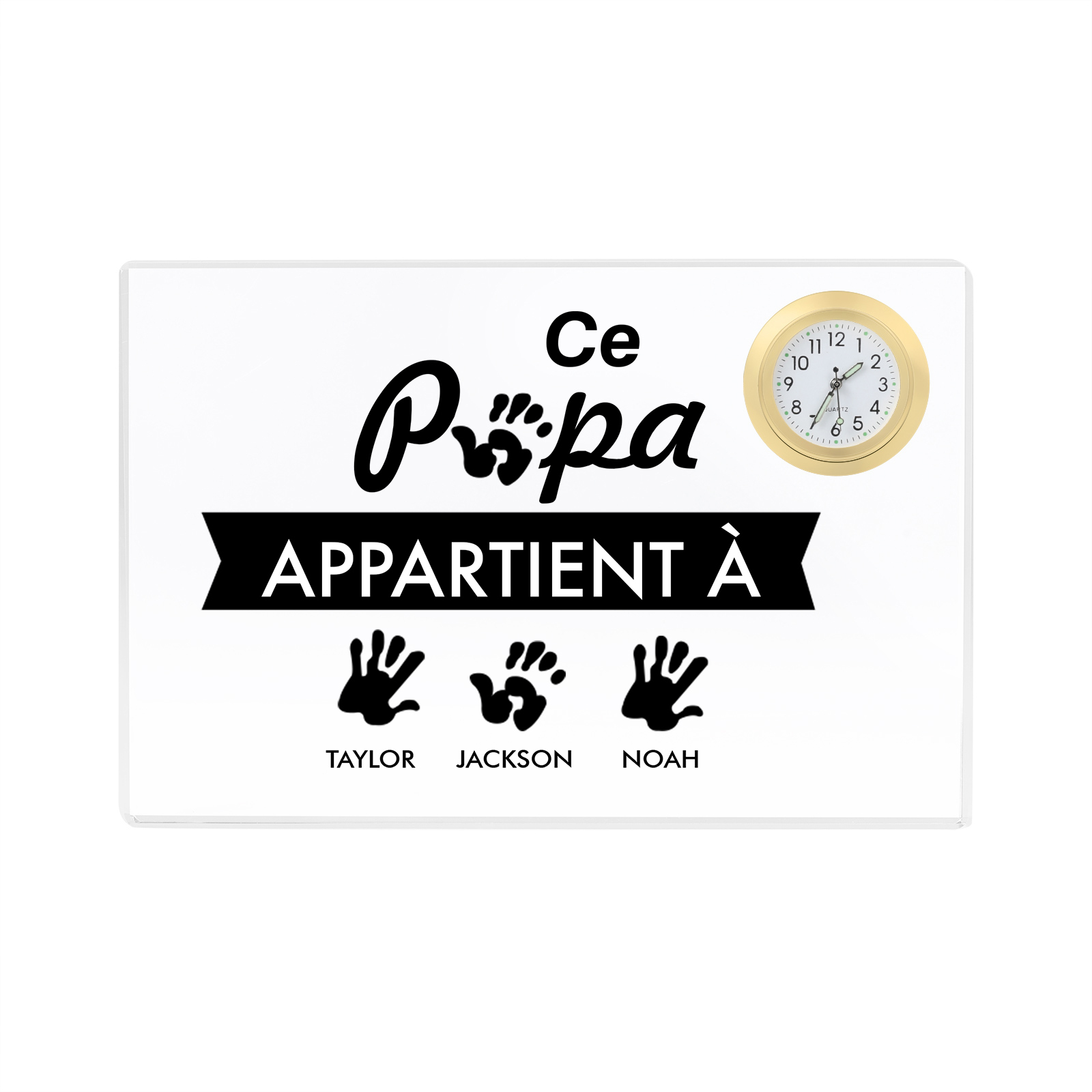 À mon papa - Plaque Acrylique rectangle avec Horloge Empreinte De Main 3 Prénoms Personnalisés