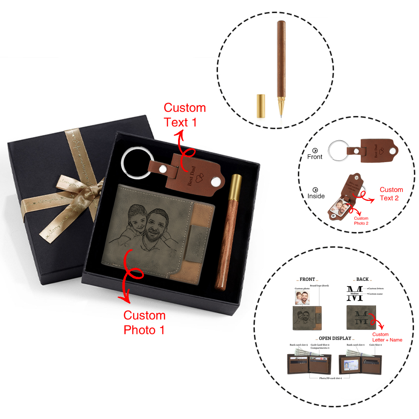 Coffret Cadeau 3PCS - Portefeuille classique Porte-Clés et Stylo 1 Prénom et Lettre Personnalisés avec 2 Photos et Textes pour Homme