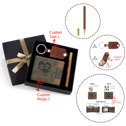 Coffret Cadeau 3PCS - Portefeuille classique Porte-Clés et Stylo 1 Prénom et Lettre Personnalisés avec 2 Photos et Textes pour Homme
