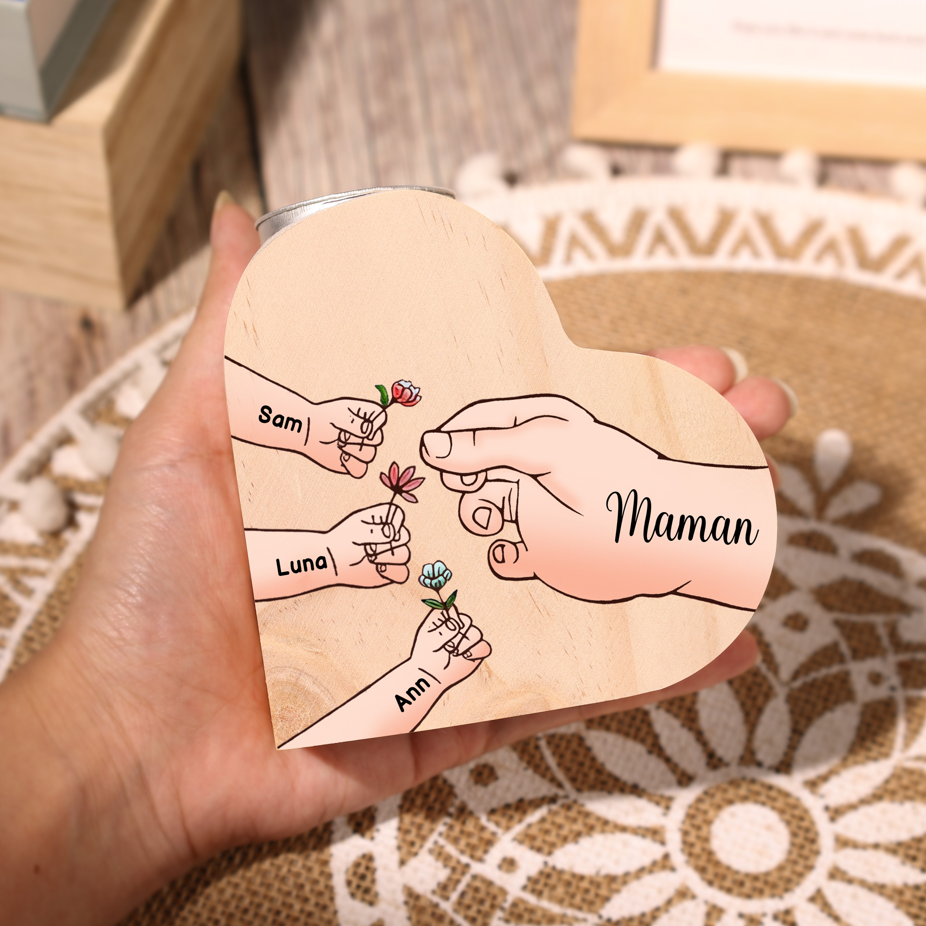 À Ma Maman/Mamie - Bougeoir en Bois Mains et Enfants 4 Prénoms Personnalisés pour Famille sans bougie