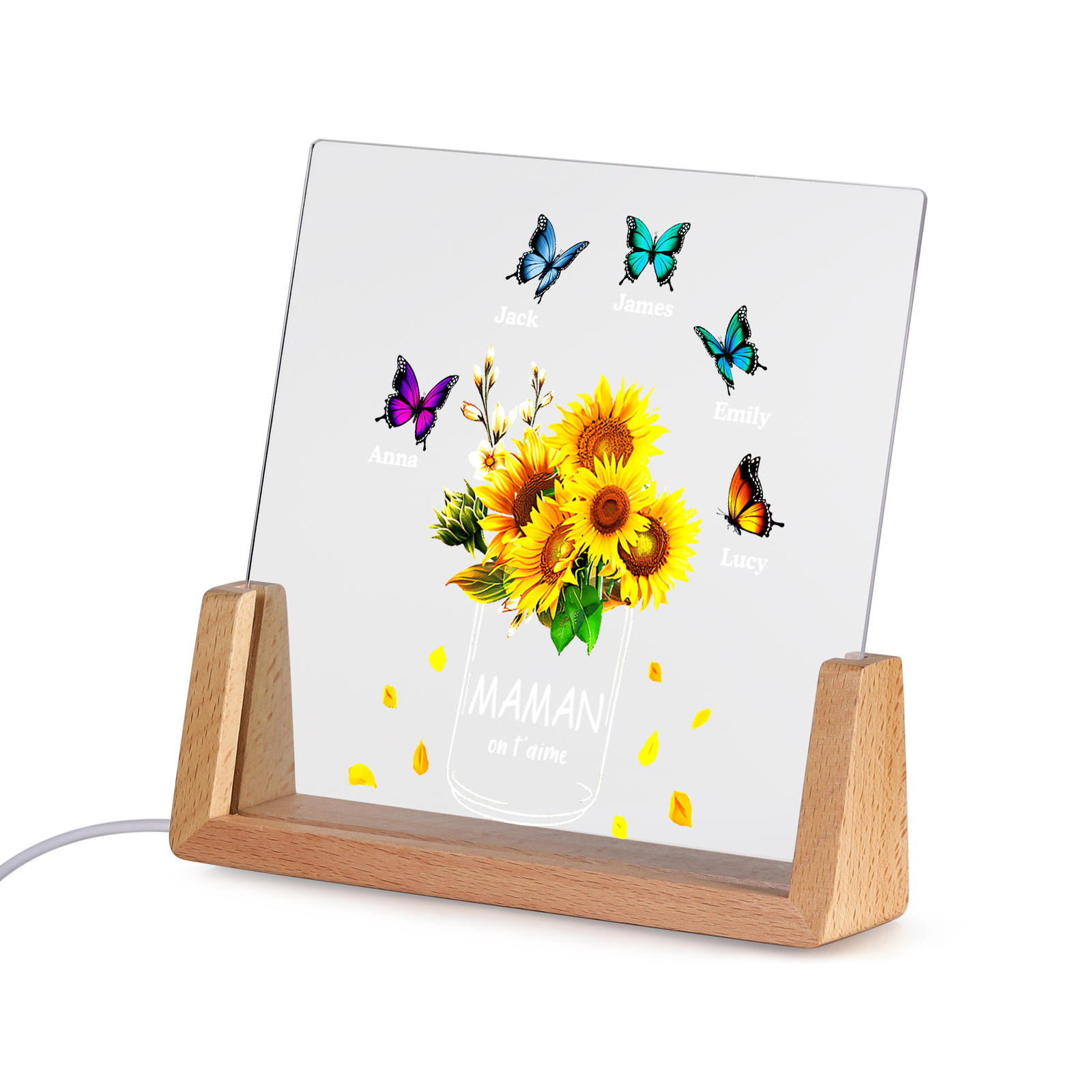 À Maman/Mamie - Lampe de chevet LED Tournesol 5 Prénoms Personnalisés avec 2 Textes pour Famille