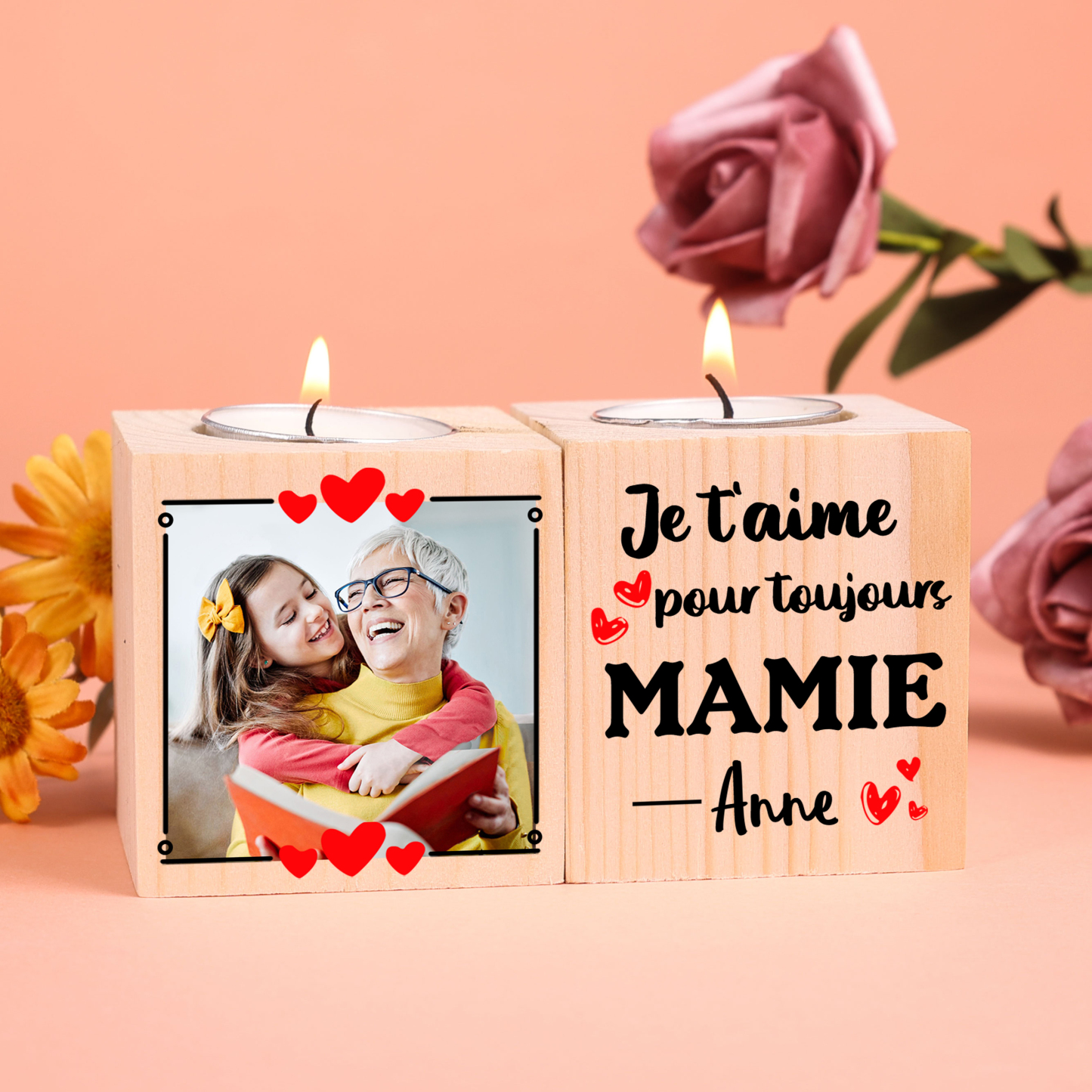 À Ma Mamie - Bougeoir en Bois 1 Prénom et Photo Personnalisés sans bougie