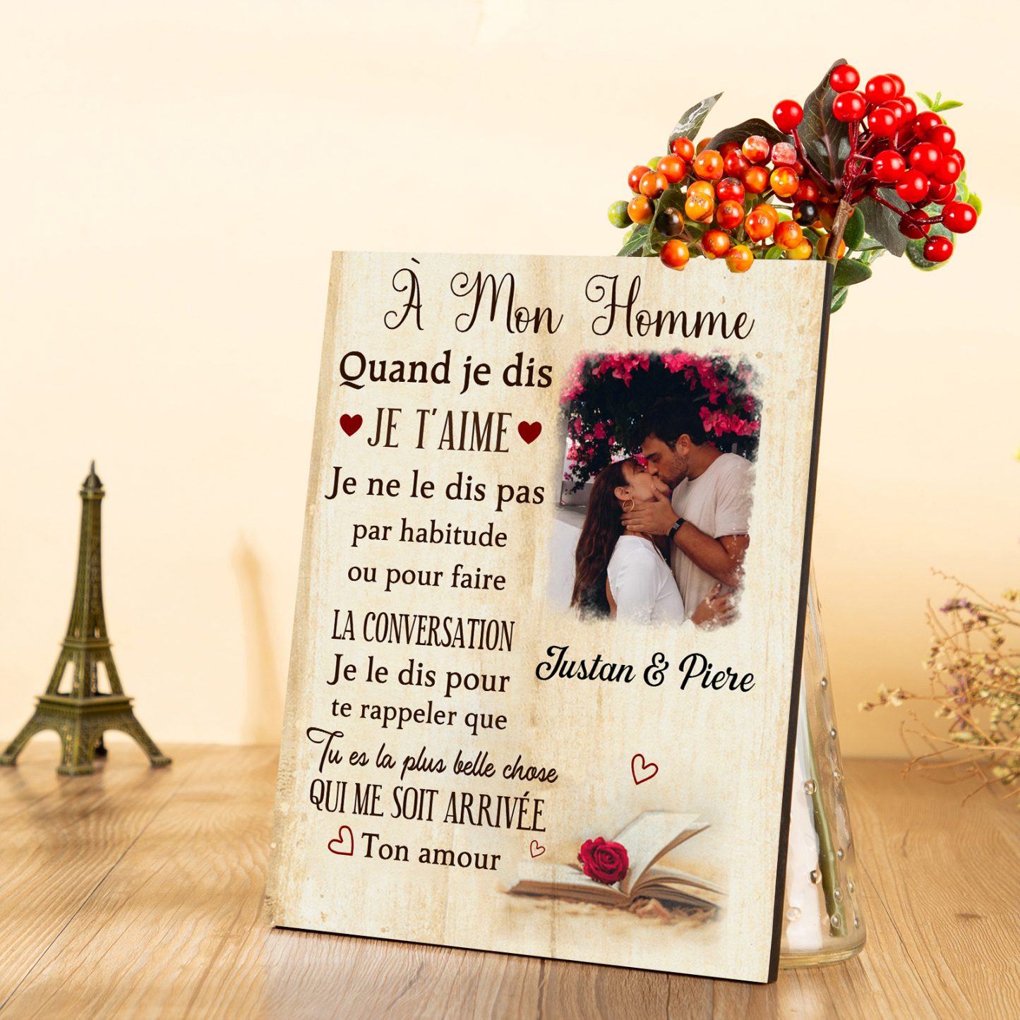 Cadre en Bois 2 Prénoms Personnalisés avec Photo pour Couple Cadeau Saint Valentin