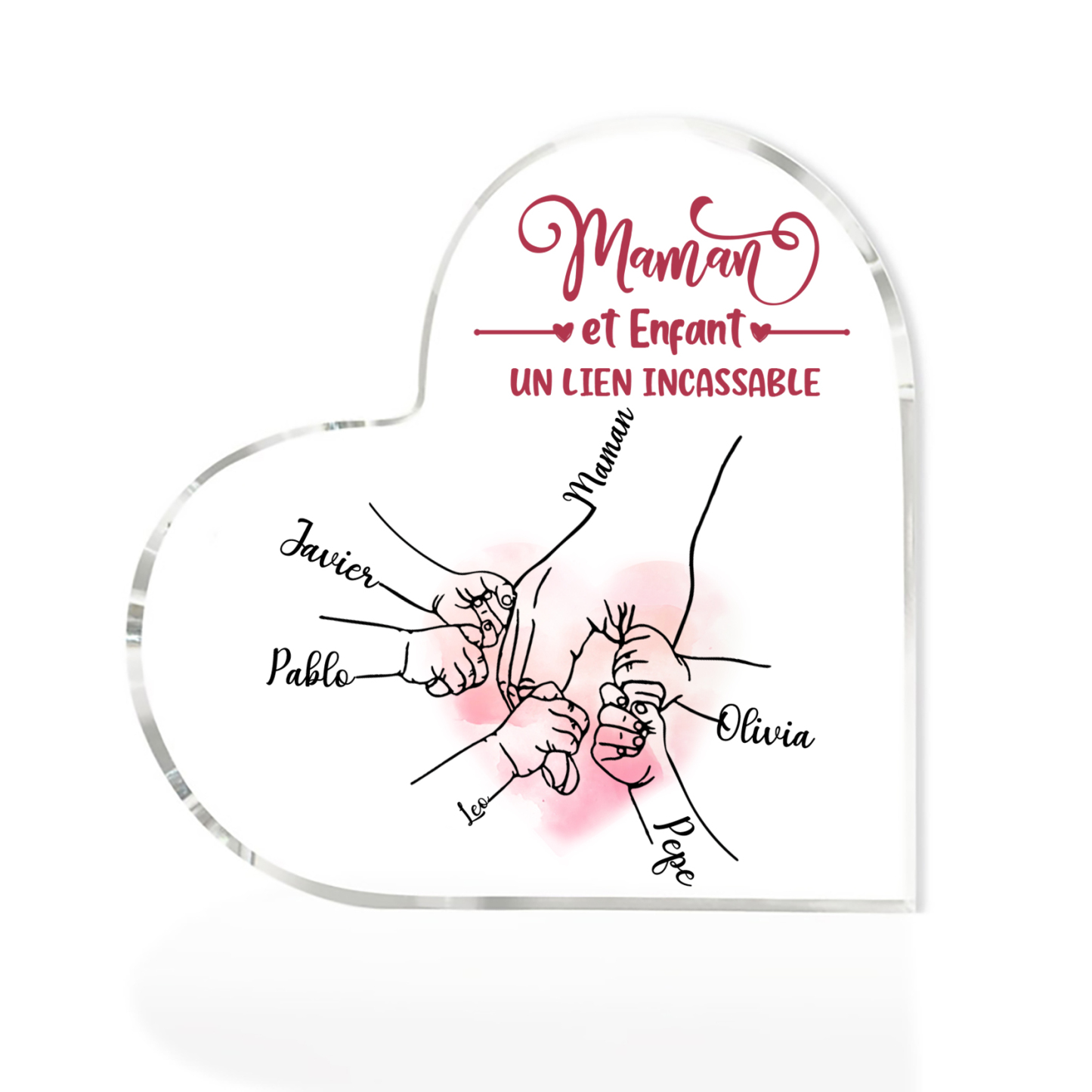 À ma Maman - Plaque Acrylique en Forme de Cœur la main dans la main 6 Prénoms Personnalisés