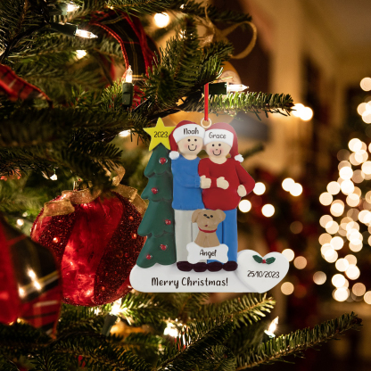 Ornements de Noël avec 2 Poupées et 1 Chien 3 Prénoms et 2 Dates Personnalisés avec Texte