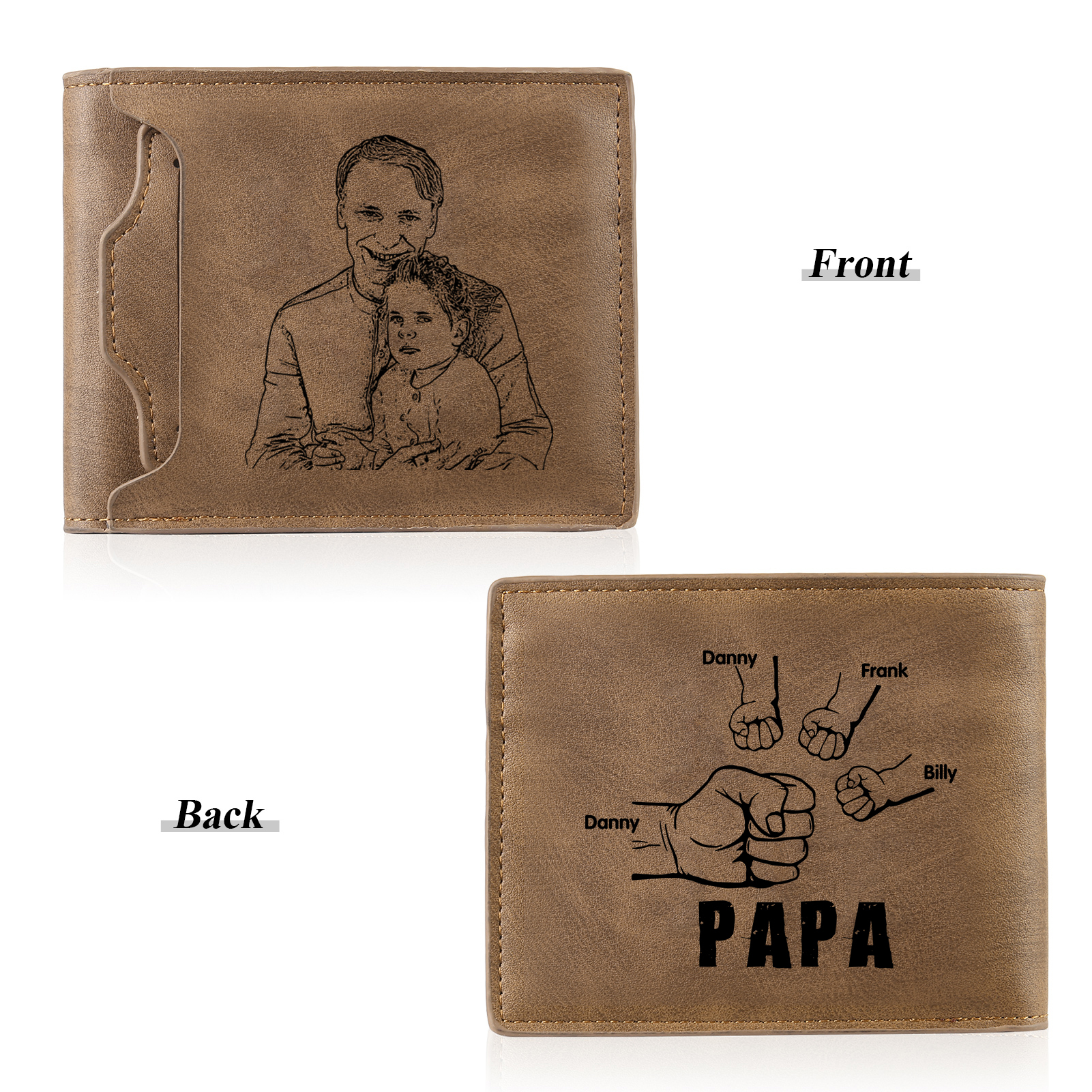 À mon Papa - Portefeuille Poings 4 Prénoms Personnalisés avec Photo Classique Homme Porte-Monnaie Carte
