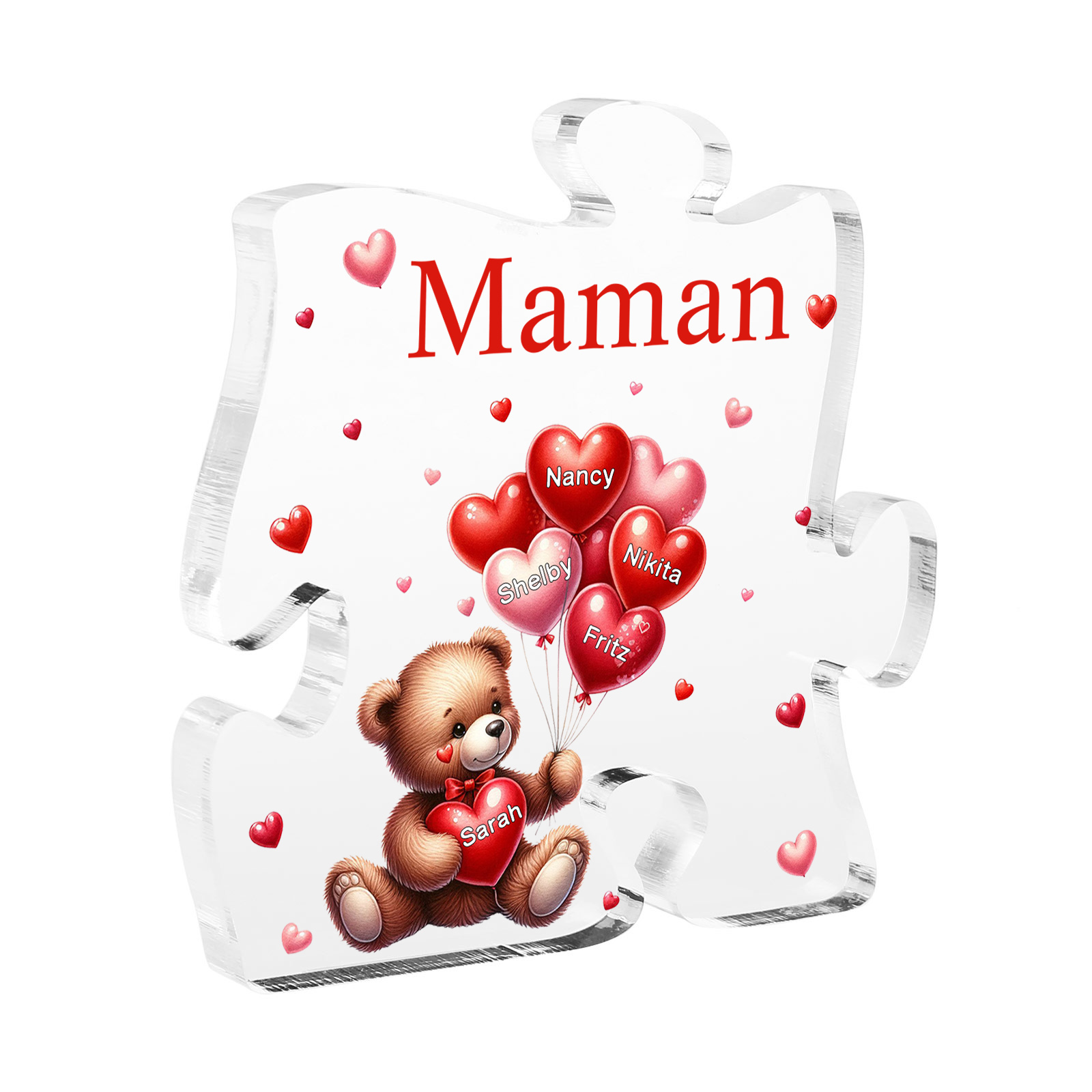 Plaque Acrylique en forme de Puzzle Ours 5 Prénoms et 1 Texte Personnalisés