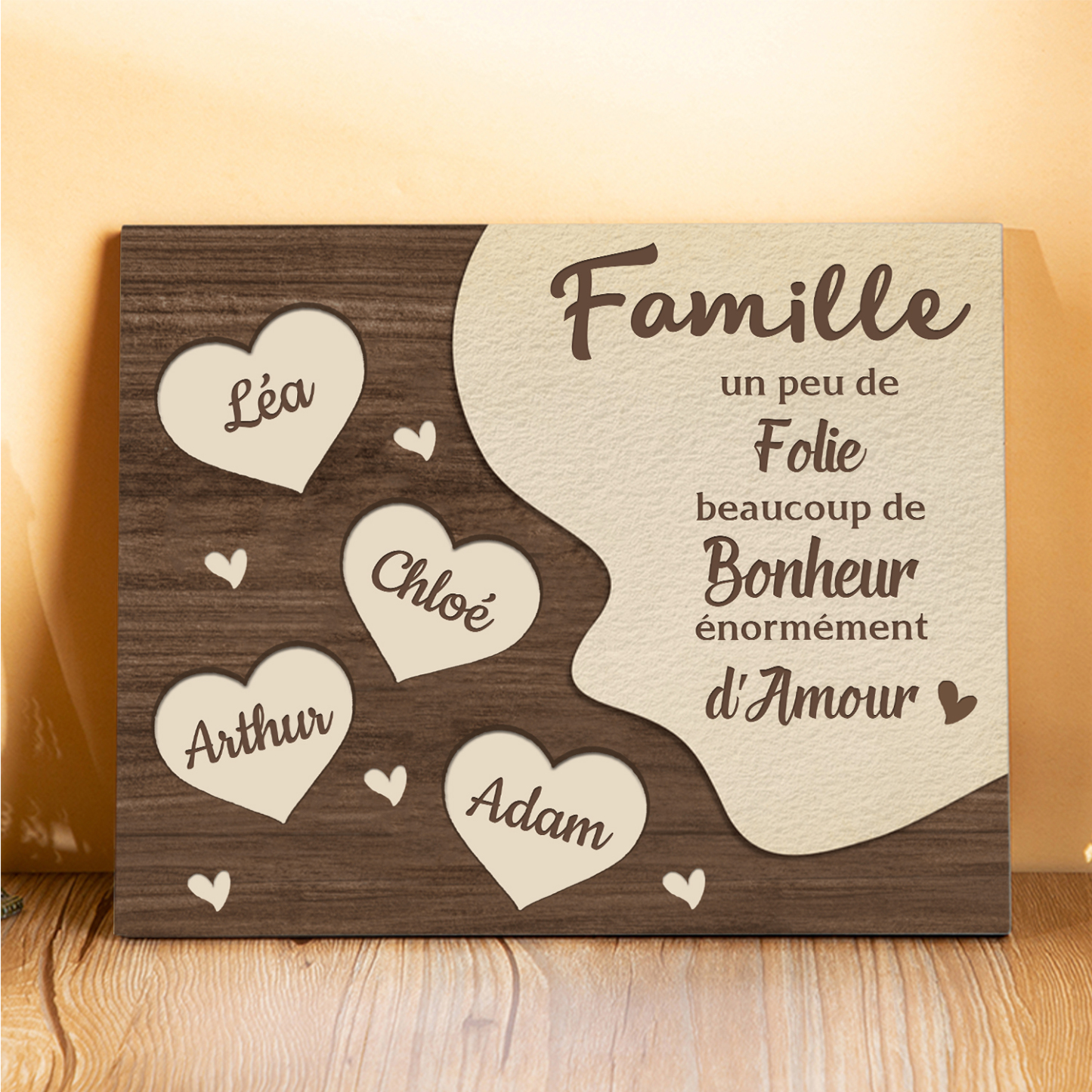 Cadre en Bois Cœur 4 Prénoms Personnalisés pour Famille