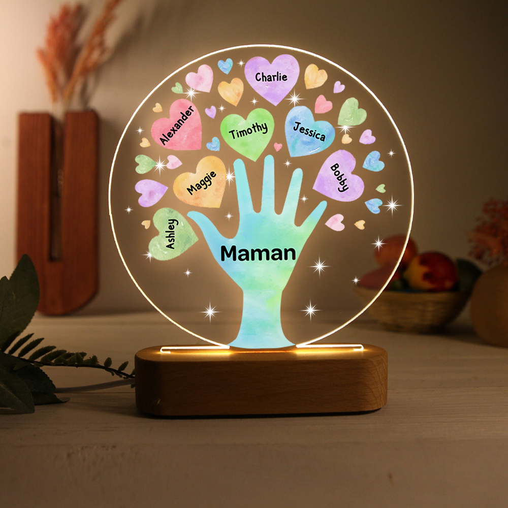 À Maman/Mamie - Lampe de chevet LED Lumières Cœur 7 Prénoms Personnalisés avec 1 Texte pour Famille
