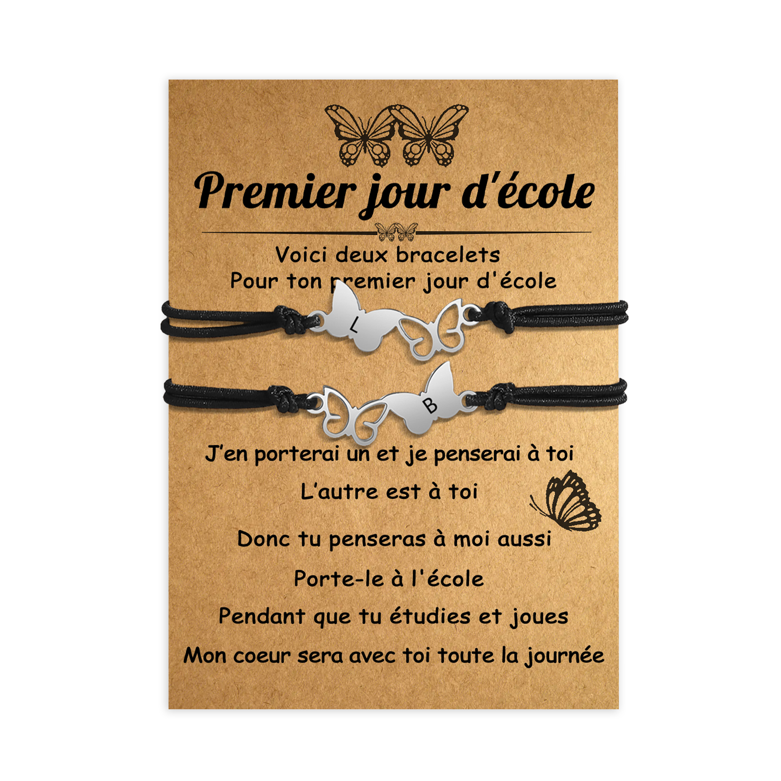 2PCS Bracelet Initiale Papillons 2 Lettres Personnalisées Corde élastiques Cadeau Rentrée Scolaire Premier jour d’école｜Jessemade