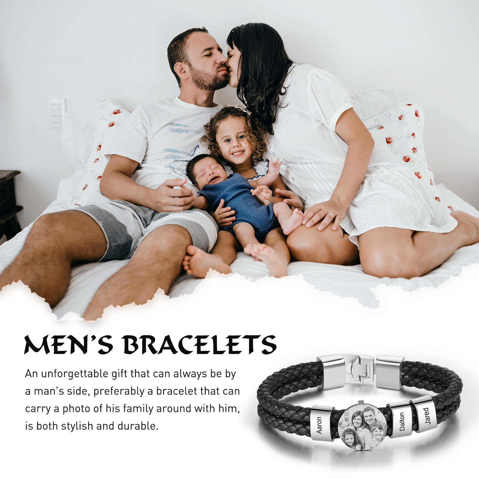 Bracelet en Cuir 3 Prénoms Personnalisés avec Photos