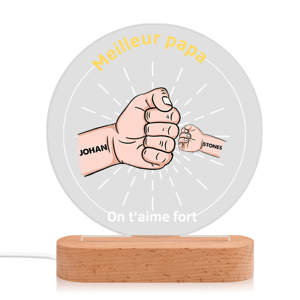 À Papa/Papi - Lampe de chevet LED Lumières Poings 2 Prénoms et 2 Textes Personnalisés pour Famille