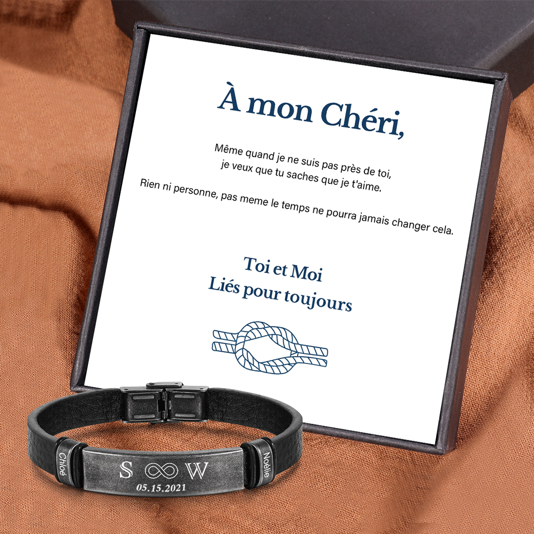 À Mon Chéri - Bracelet Initiale en Cuir Croix 2 Prénoms Personnalisés avec 2 Lettres et Date｜Jessemade