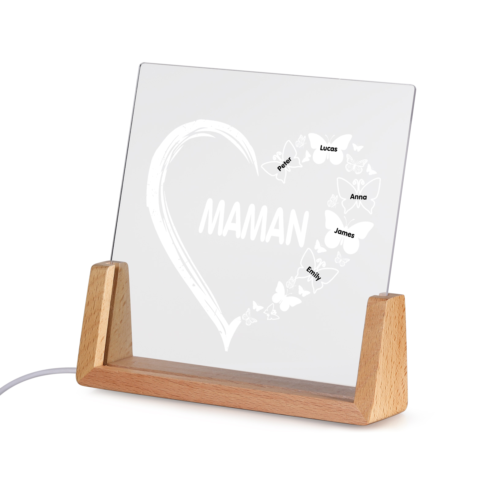 À Maman/Mamie - Lampe de chevet LED Cœur et Papillon 5 Prénoms Personnalisés avec Texte pour Famille