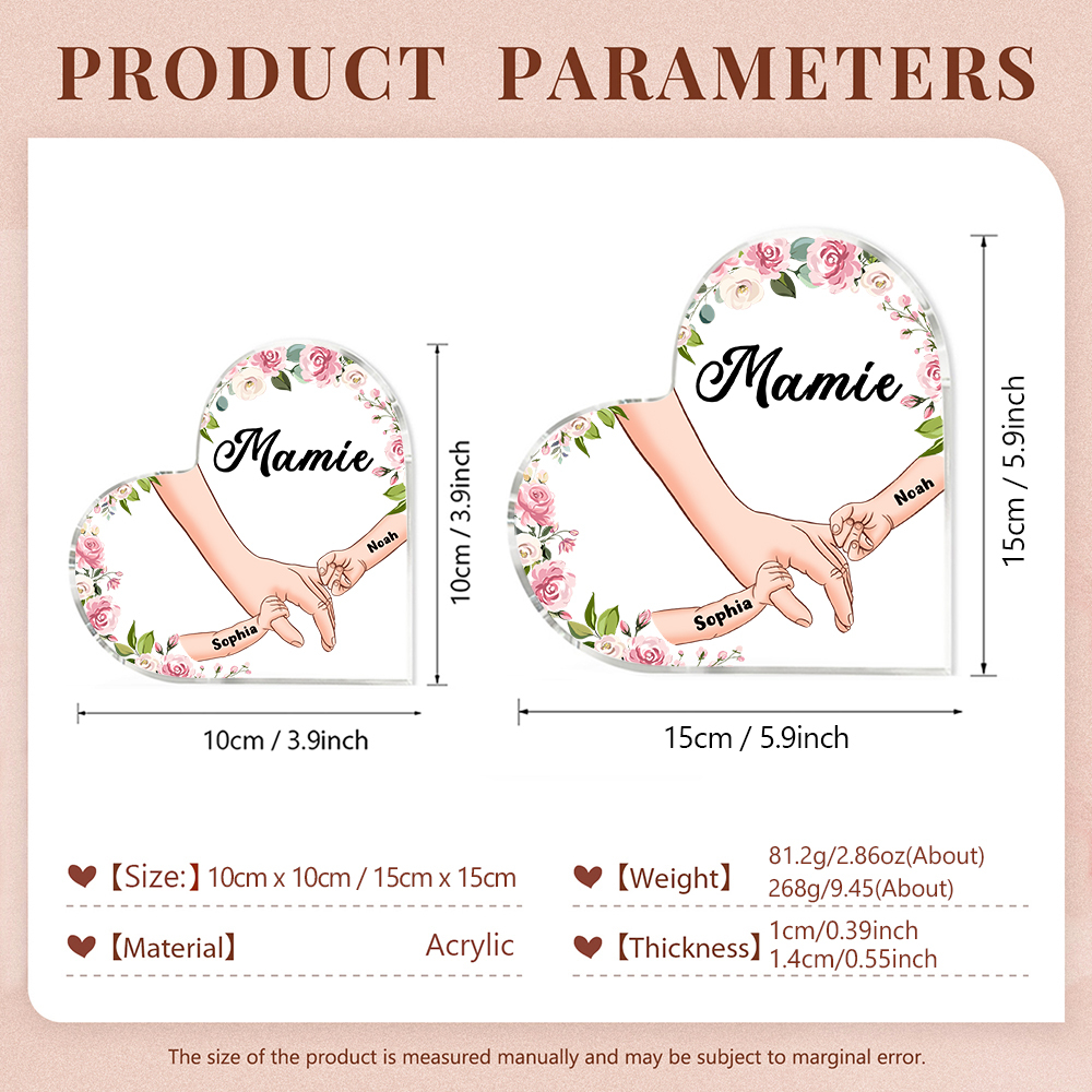 À Ma Nounou - Plaque Acrylique en Forme de Cœur La Main Dans La Main 2 Prénoms Personnalisés avec Texte