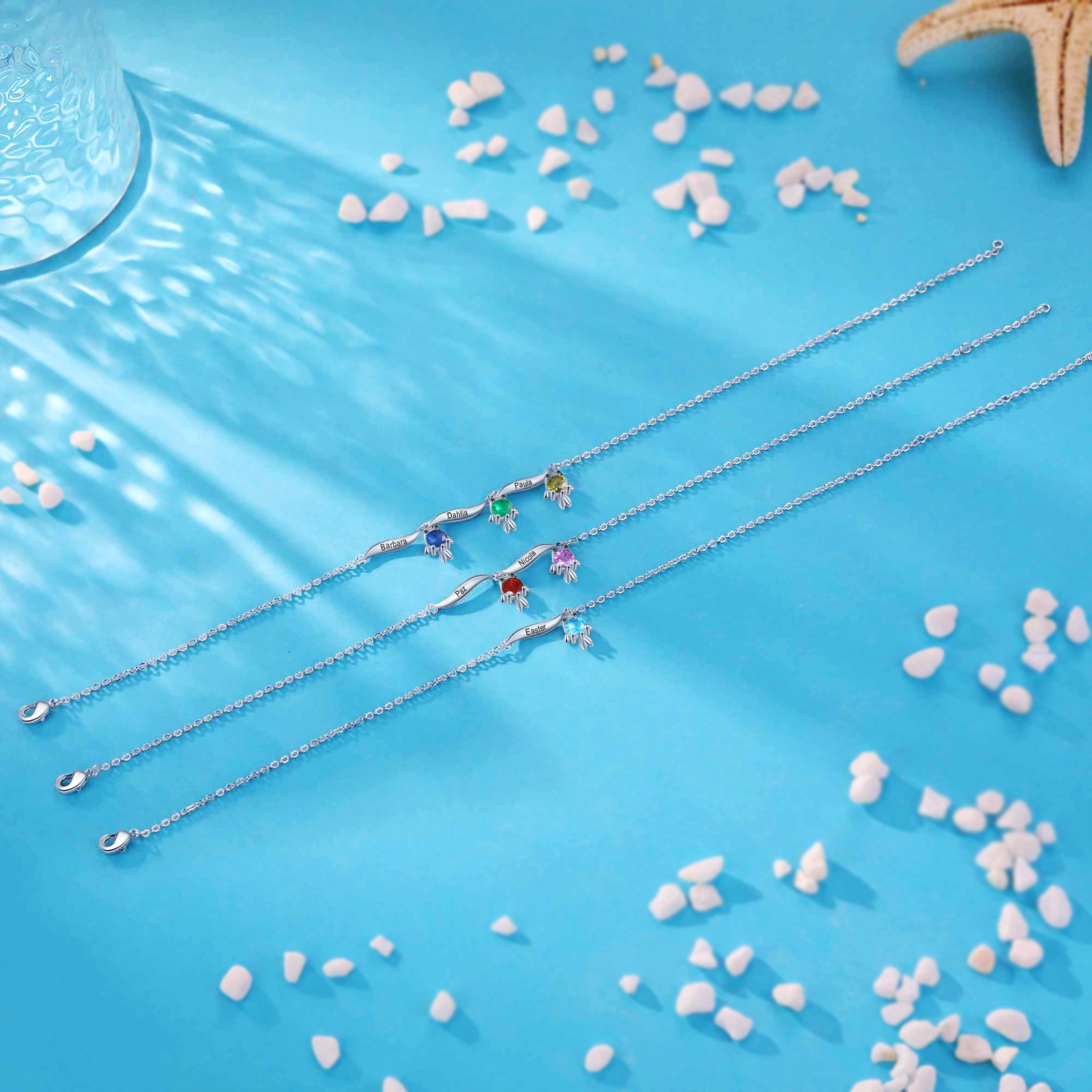 1-6 Noms Bracelet de cheville Poisson rouge Personnalisés avec Pierre de Naissance pour Femme