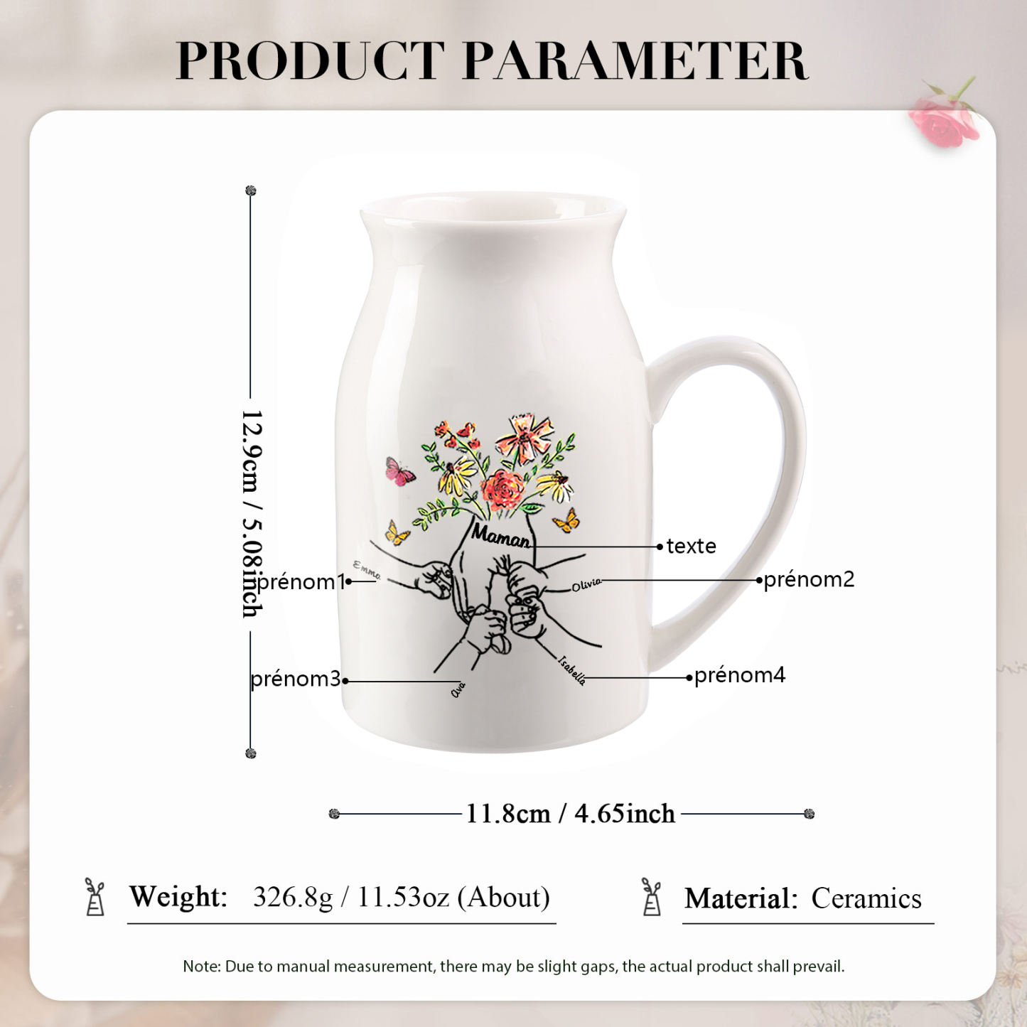 Vase à Fleurs la Main dans la Main 4 Prénoms Personnalisés avec Texte Décoration de la Maison