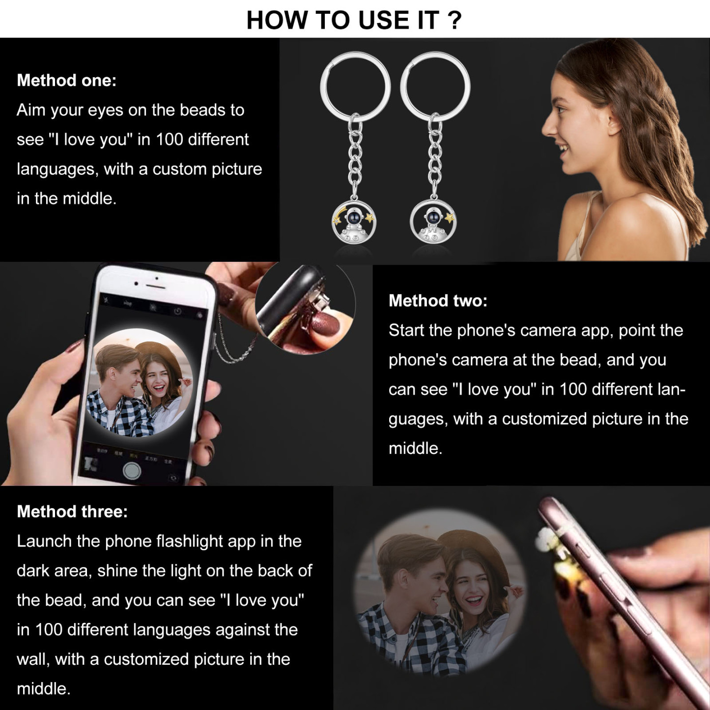 Porte-Clés Projection de Pierres 1 Photo Personnalisée Porte-Clés Astronaute pour Couple