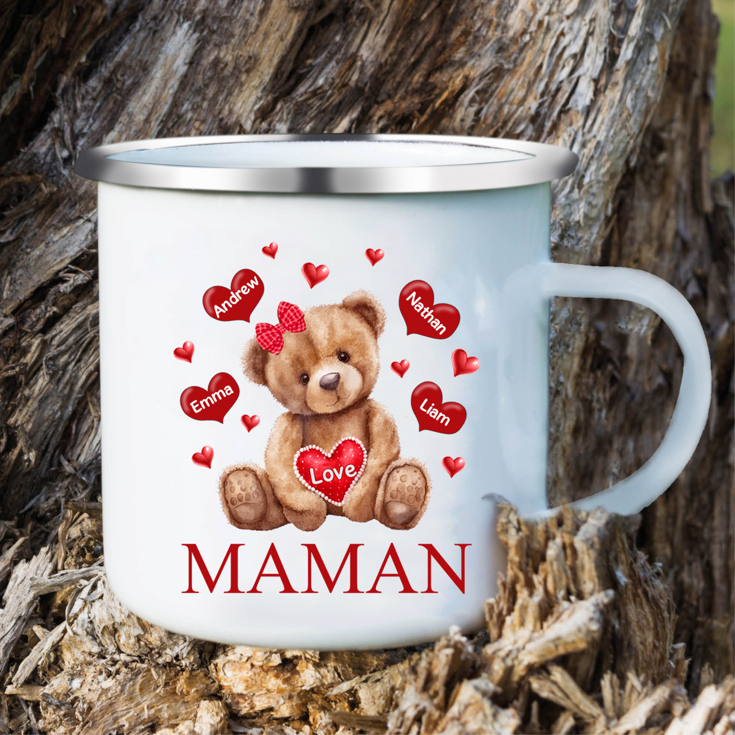 À Maman/Mamie - Tasse émaillée Ours 4 Prénoms Personnalisés
