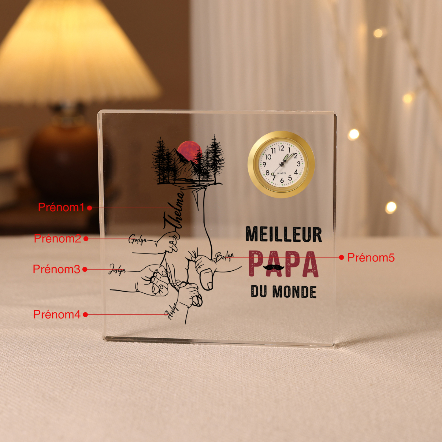 À mon Papa - Plaque Acrylique Carré avec Horloge la main dans la main 5 Prénoms Personnalisés