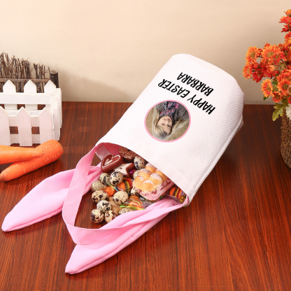 Sac de Pâques Lapin 1 Prénom et Photo Personnalisés avec Texte Tote Bag Enfant