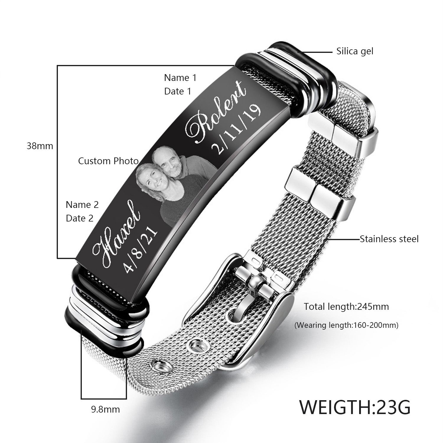 Bracelet Photo Personnalisé avec 2 Prénoms et 2 date