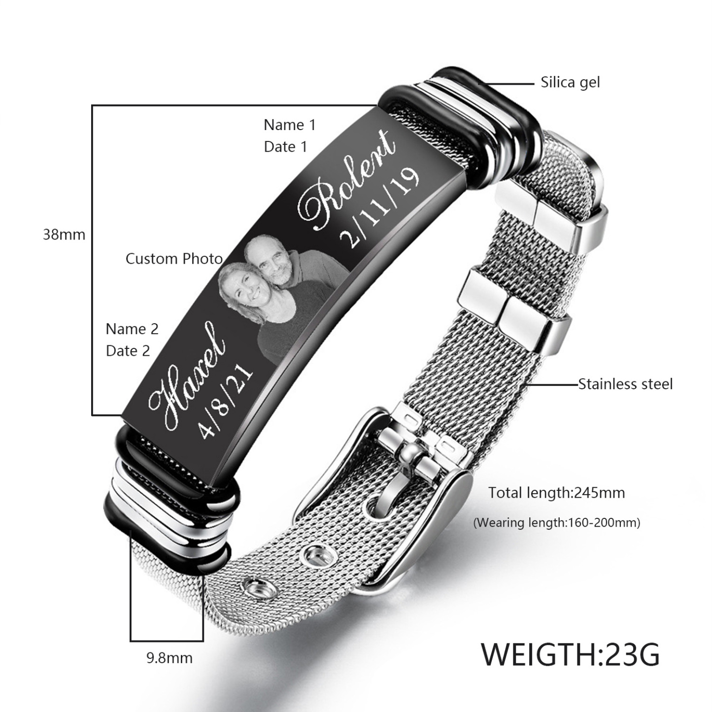 Bracelet Photo Personnalisé avec 2 Prénoms et 2 date