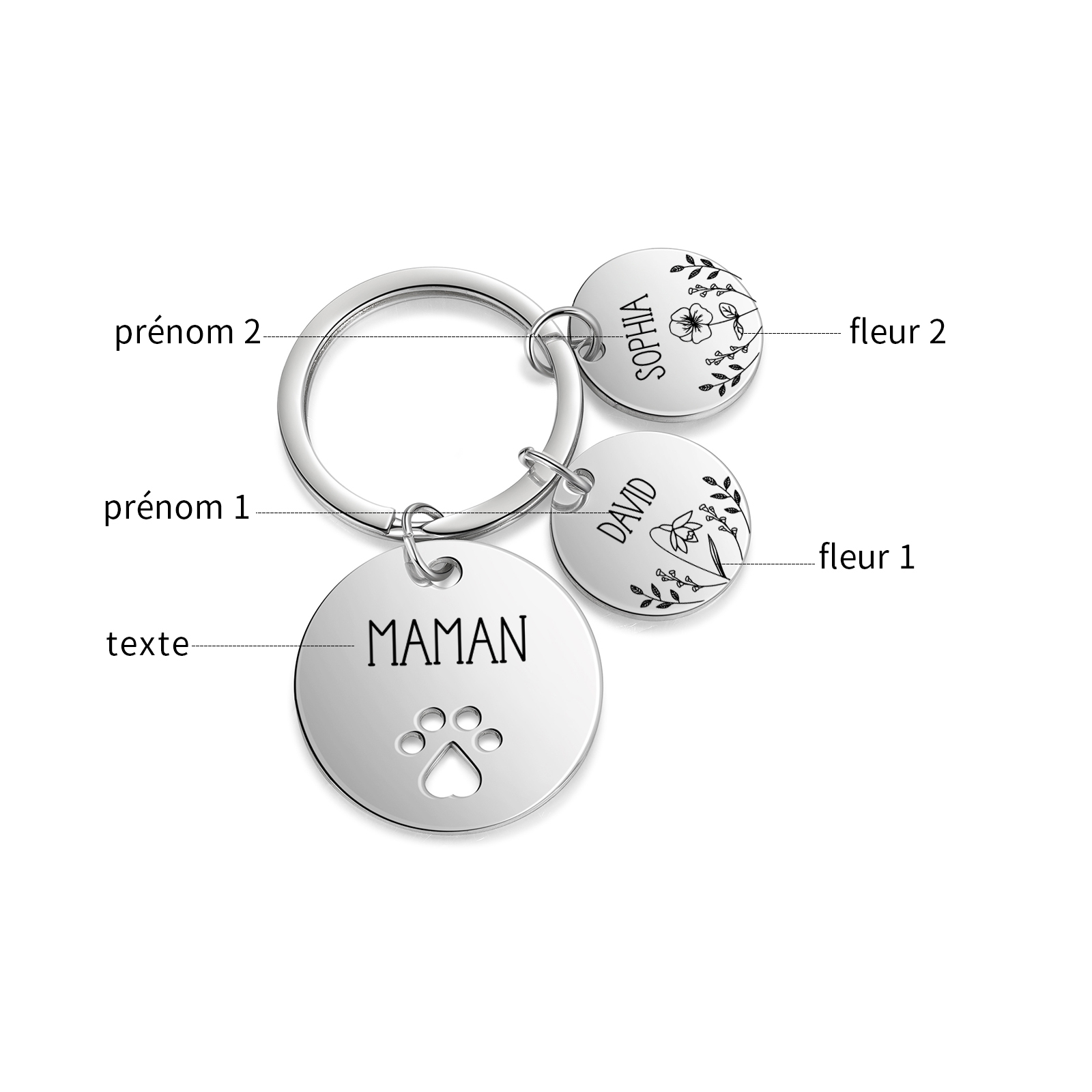 Porte-Clés patte 2 Prénoms et 1 Texte Personnalisés avec Fleur de Naissance