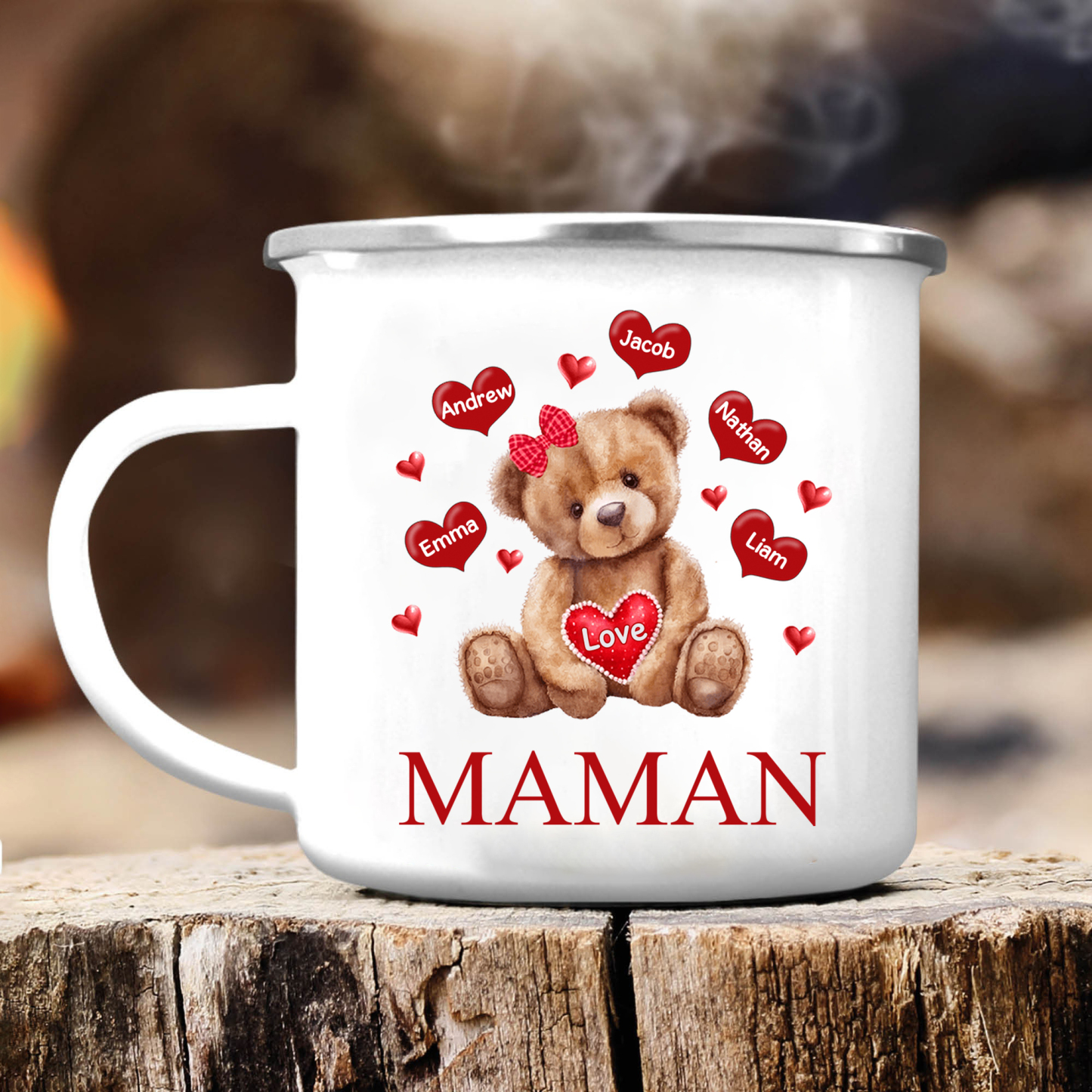À Maman/Mamie - Tasse émaillée Ours 5 Prénoms Personnalisés