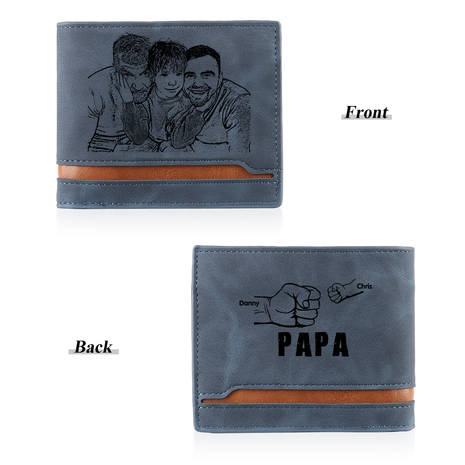 À mon Papa - Portefeuille Poings 2 Prénoms Personnalisés avec Photo Classique Homme Porte-Monnaie Carte