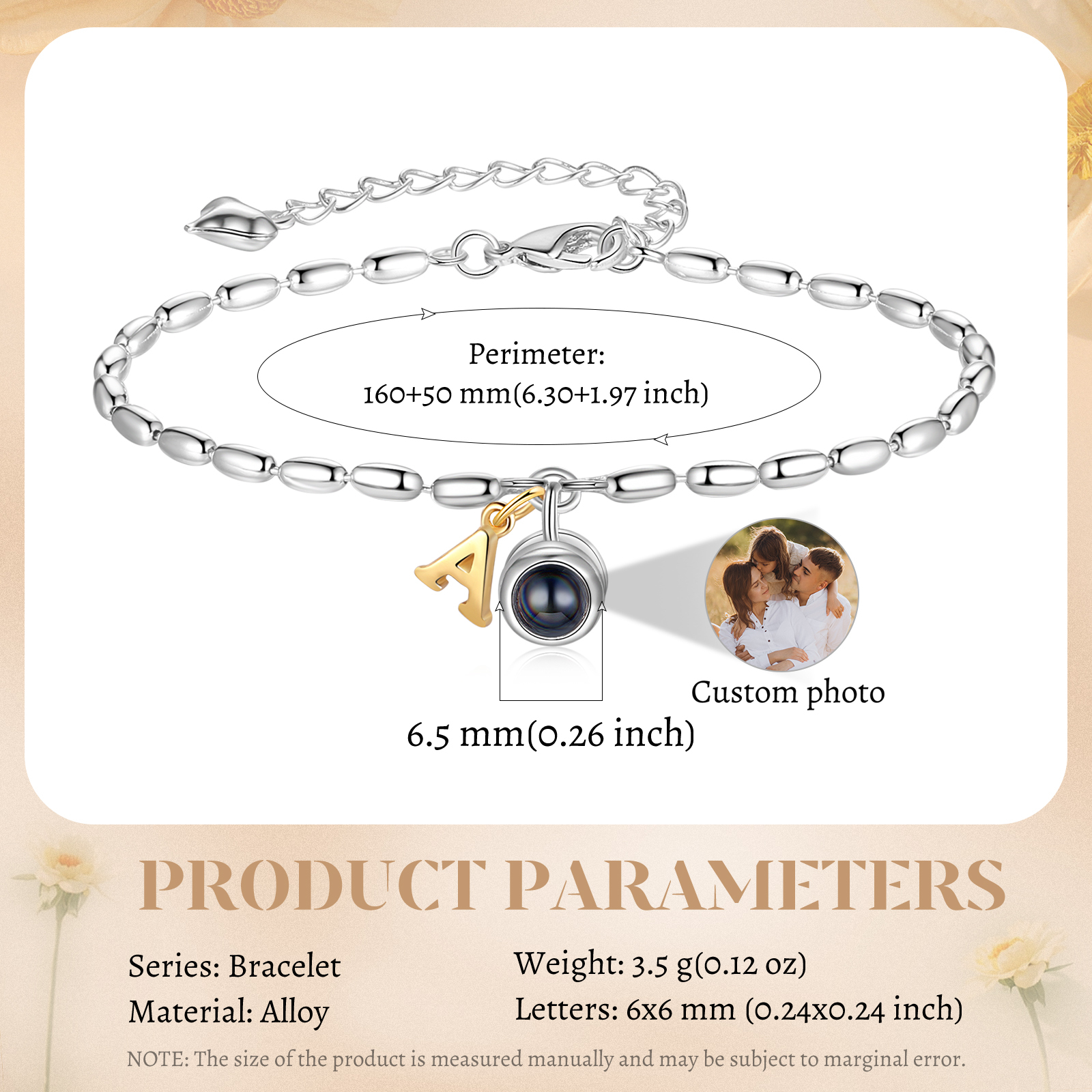 Bracelet Projection de Pierres Bracelet Initiale 1 Photo Personnalisée avec 26 Lettres｜Jessemade